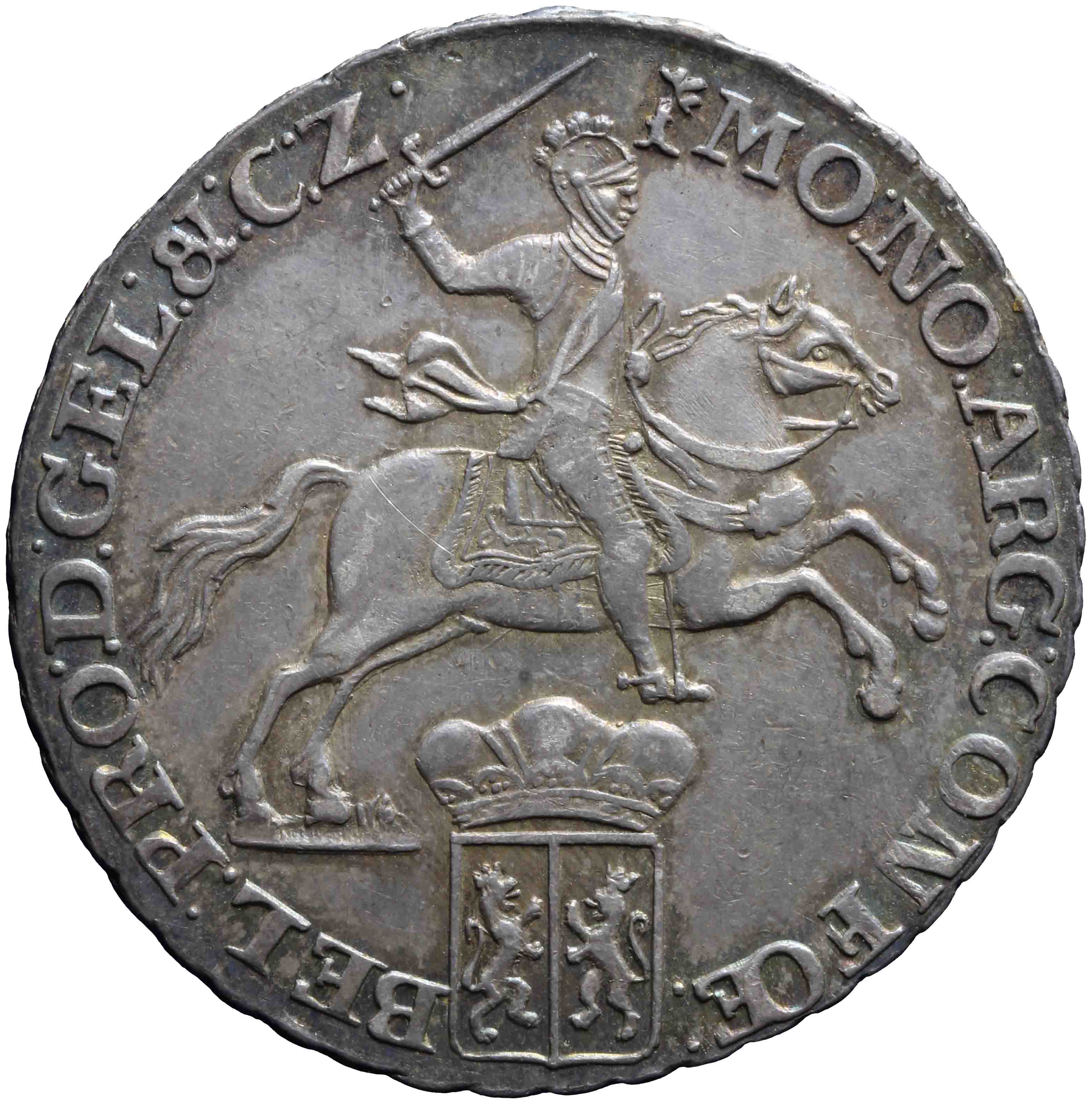 Afbeelding van de voorzijde. halve zilveren rijder of halve dukaton. Inventarisnummer:DNB-05367