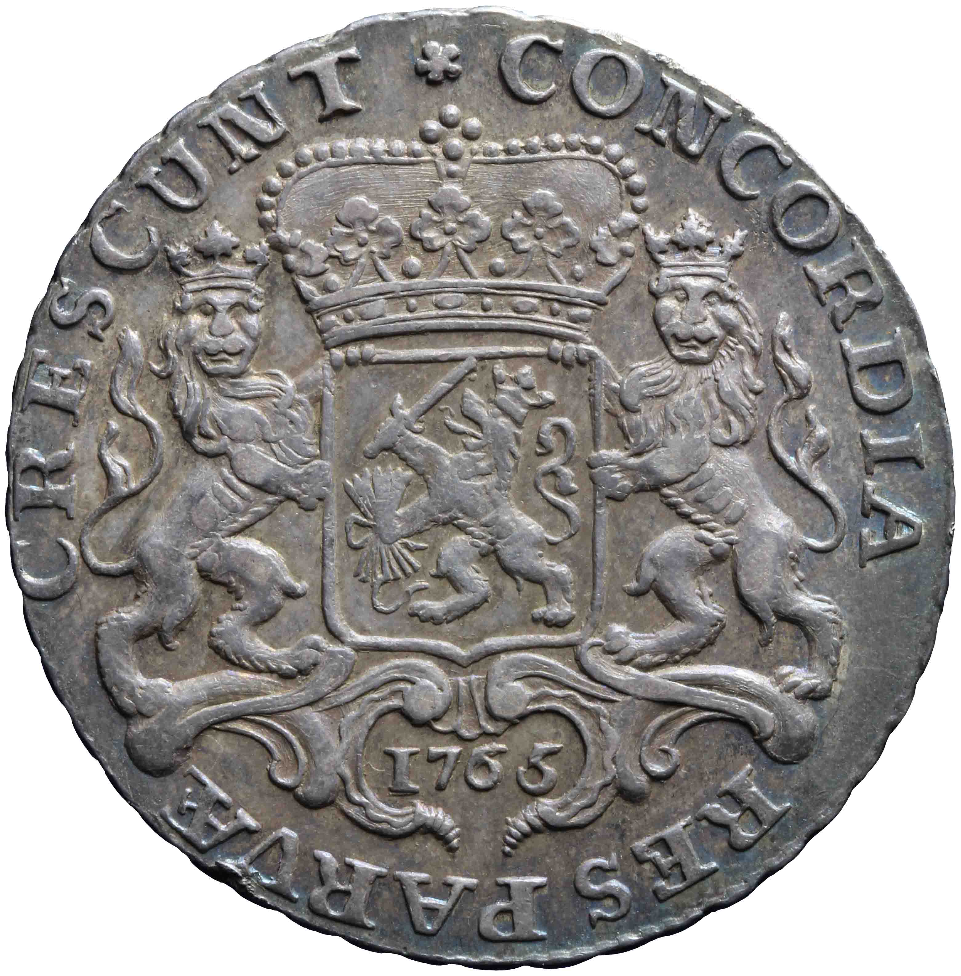 Afbeelding van de keerzijde. halve zilveren rijder of halve dukaton. Inventarisnummer:DNB-05367