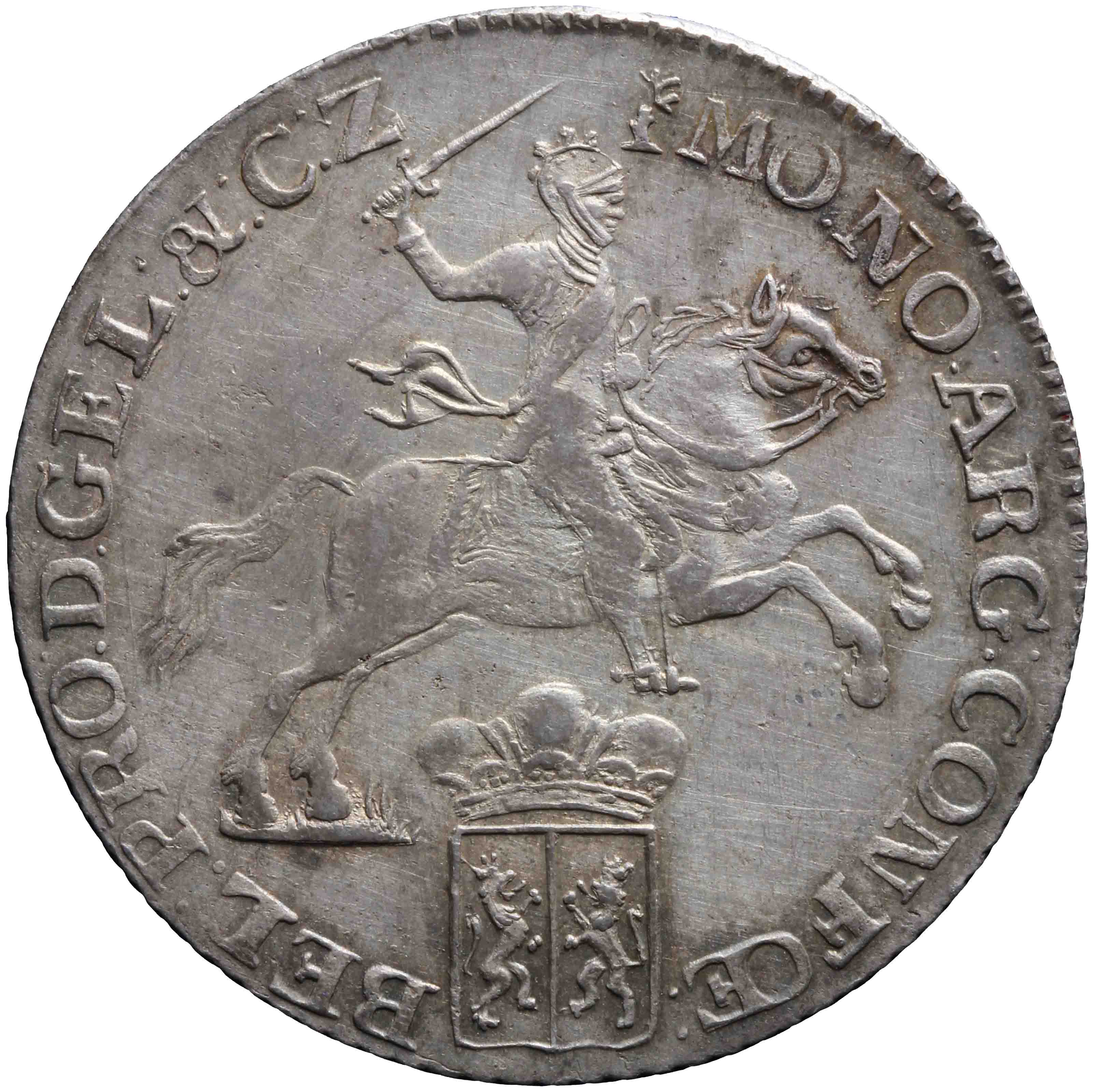 Afbeelding van de voorzijde. halve zilveren rijder of halve dukaton. Inventarisnummer:DNB-05368