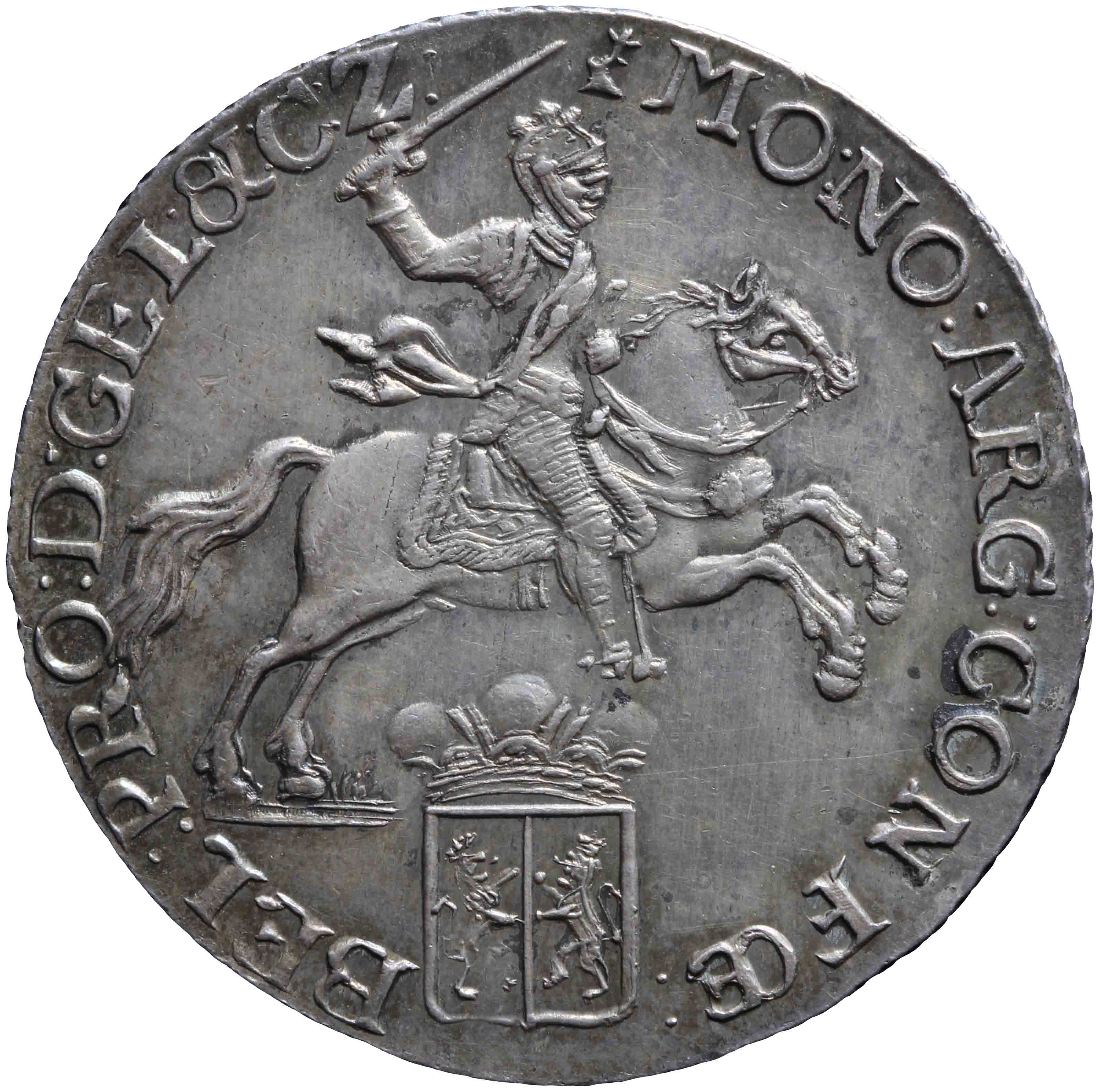 Afbeelding van de voorzijde. halve zilveren rijder of halve dukaton. Inventarisnummer:DNB-05369