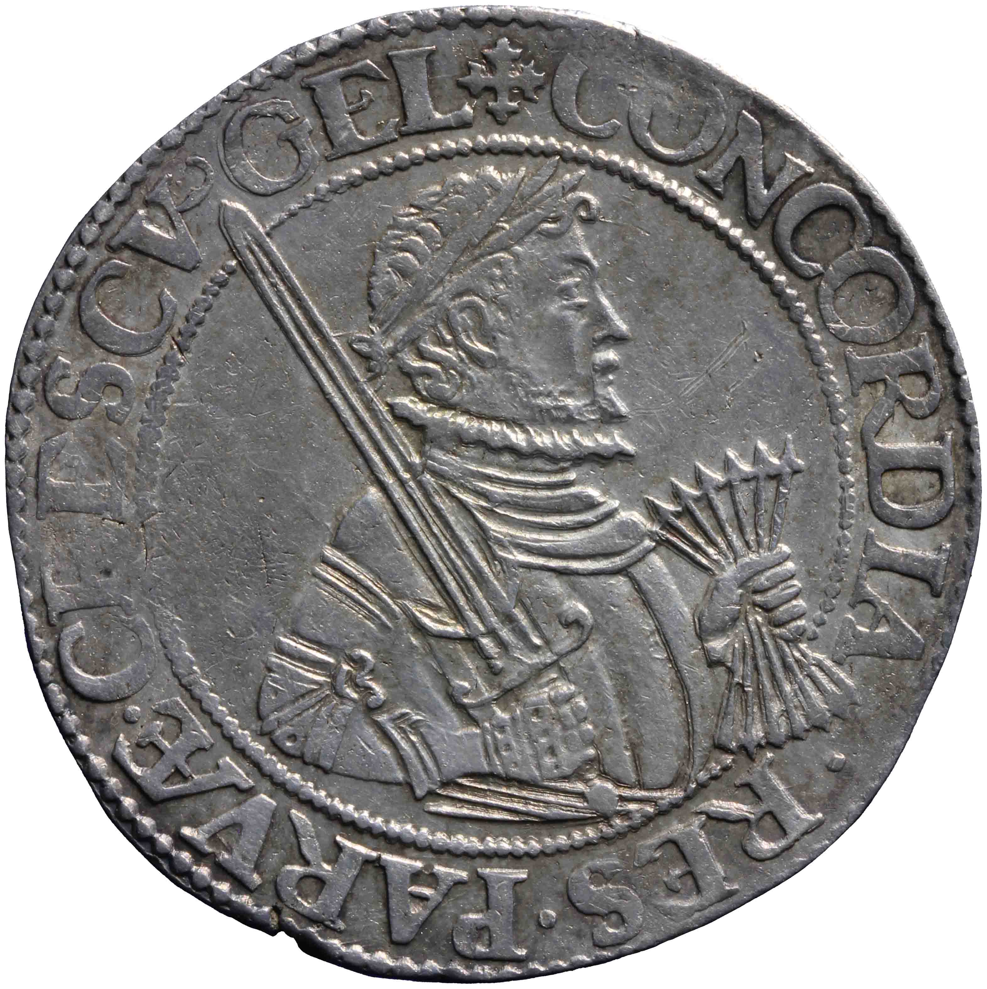 Afbeelding van de voorzijde. Nederlandse, unie of Leicester rijksdaalder. Inventarisnummer:DNB-05418