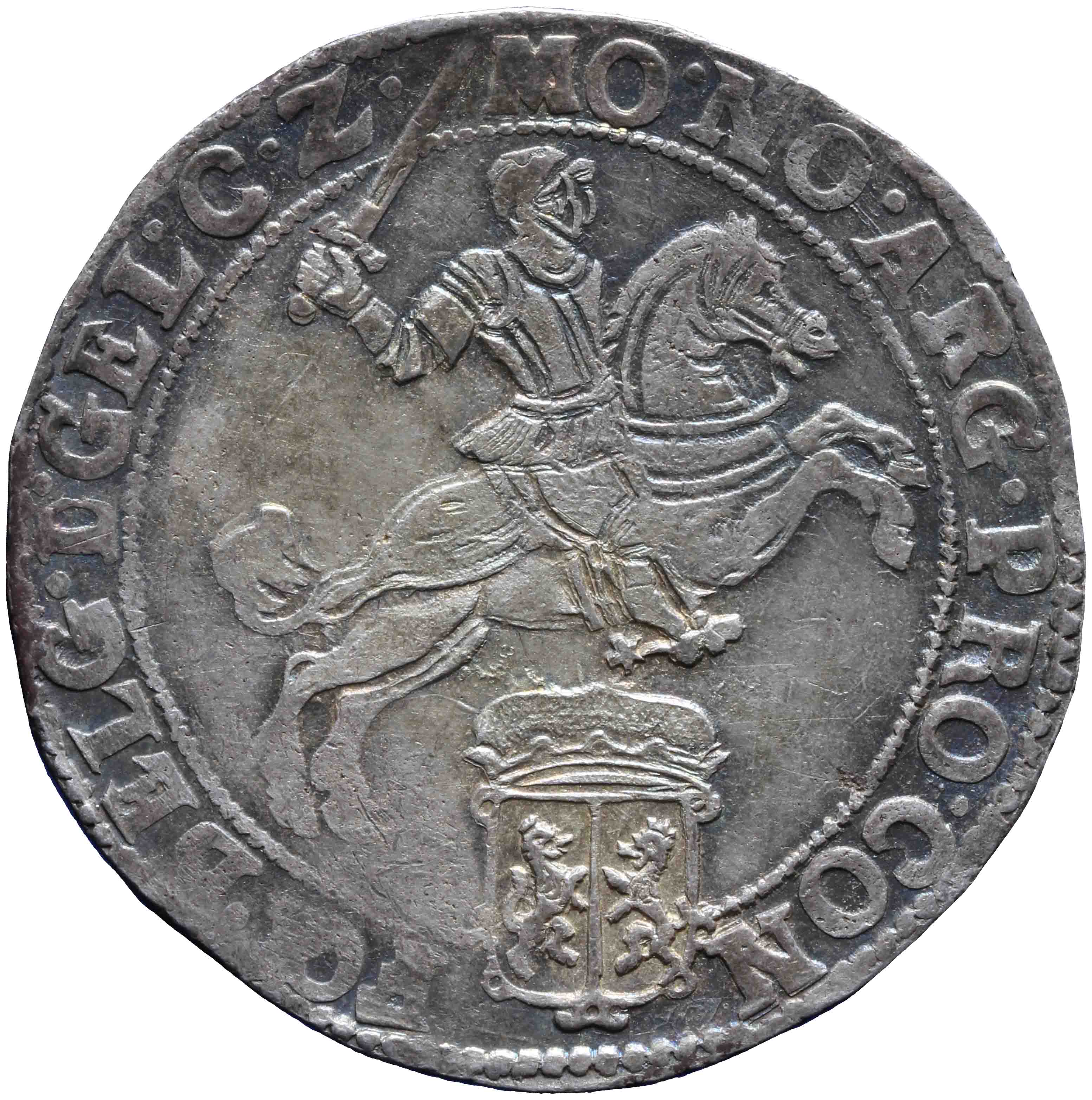 Afbeelding van de voorzijde. zilveren rijder of dukaton. Inventarisnummer:DNB-05529