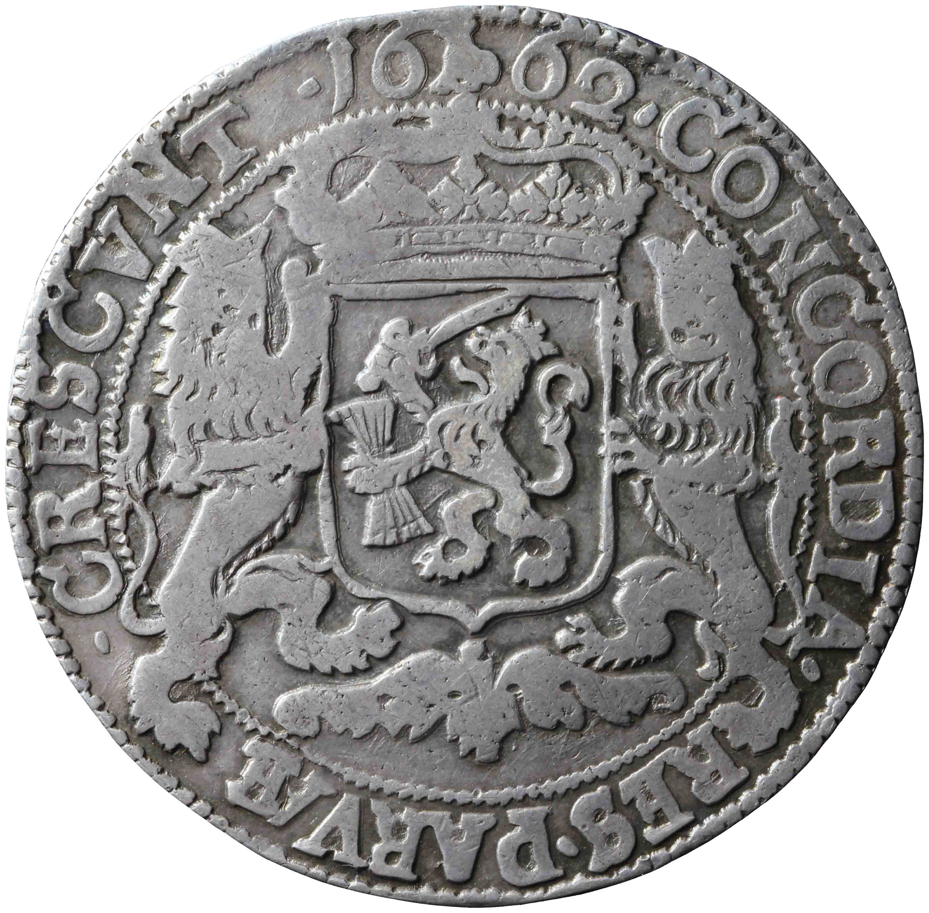 Afbeelding van de keerzijde. zilveren rijder of dukaton. Inventarisnummer:DNB-05532