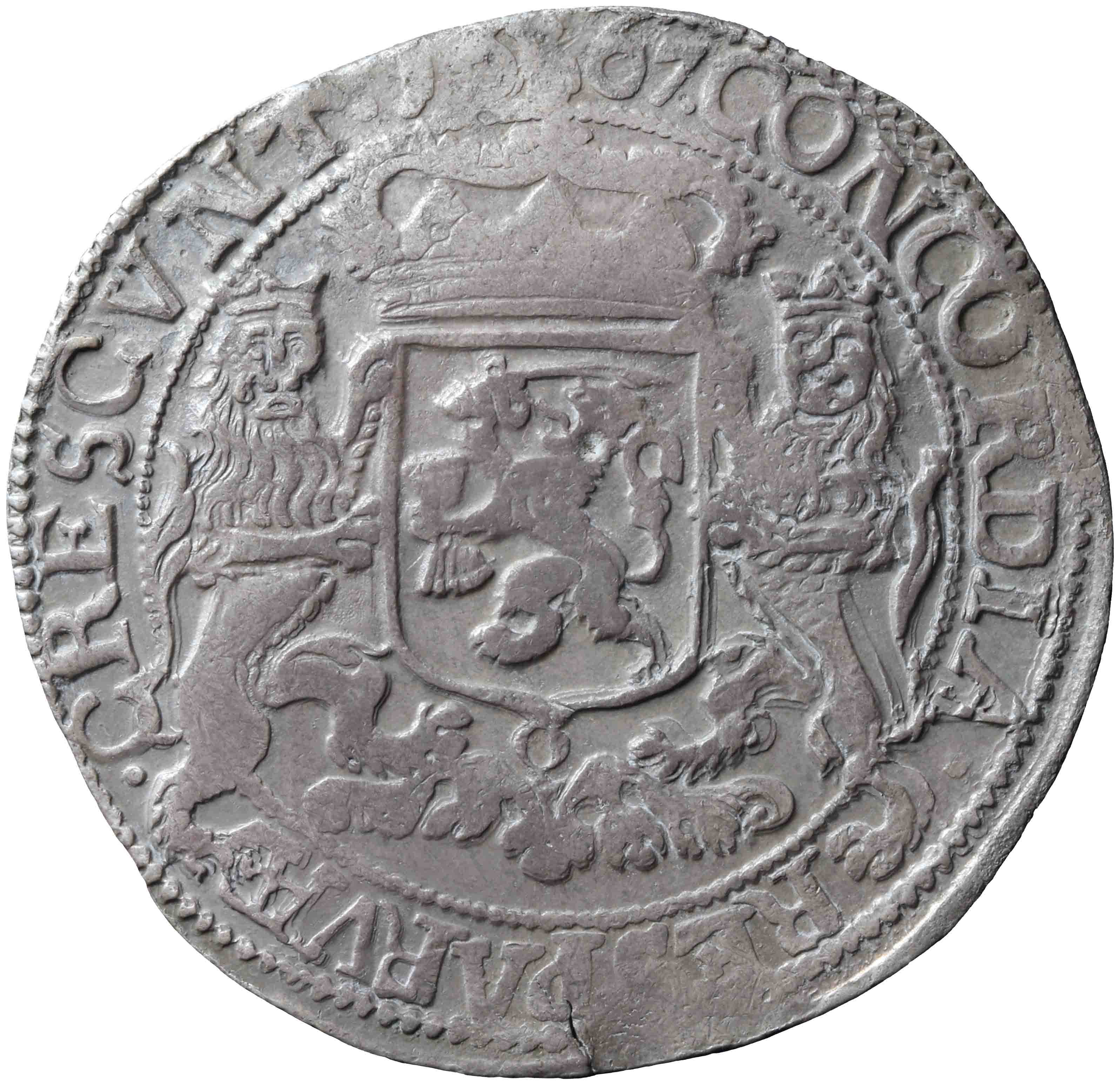 Afbeelding van de keerzijde. zilveren rijder of dukaton. Inventarisnummer:DNB-05536