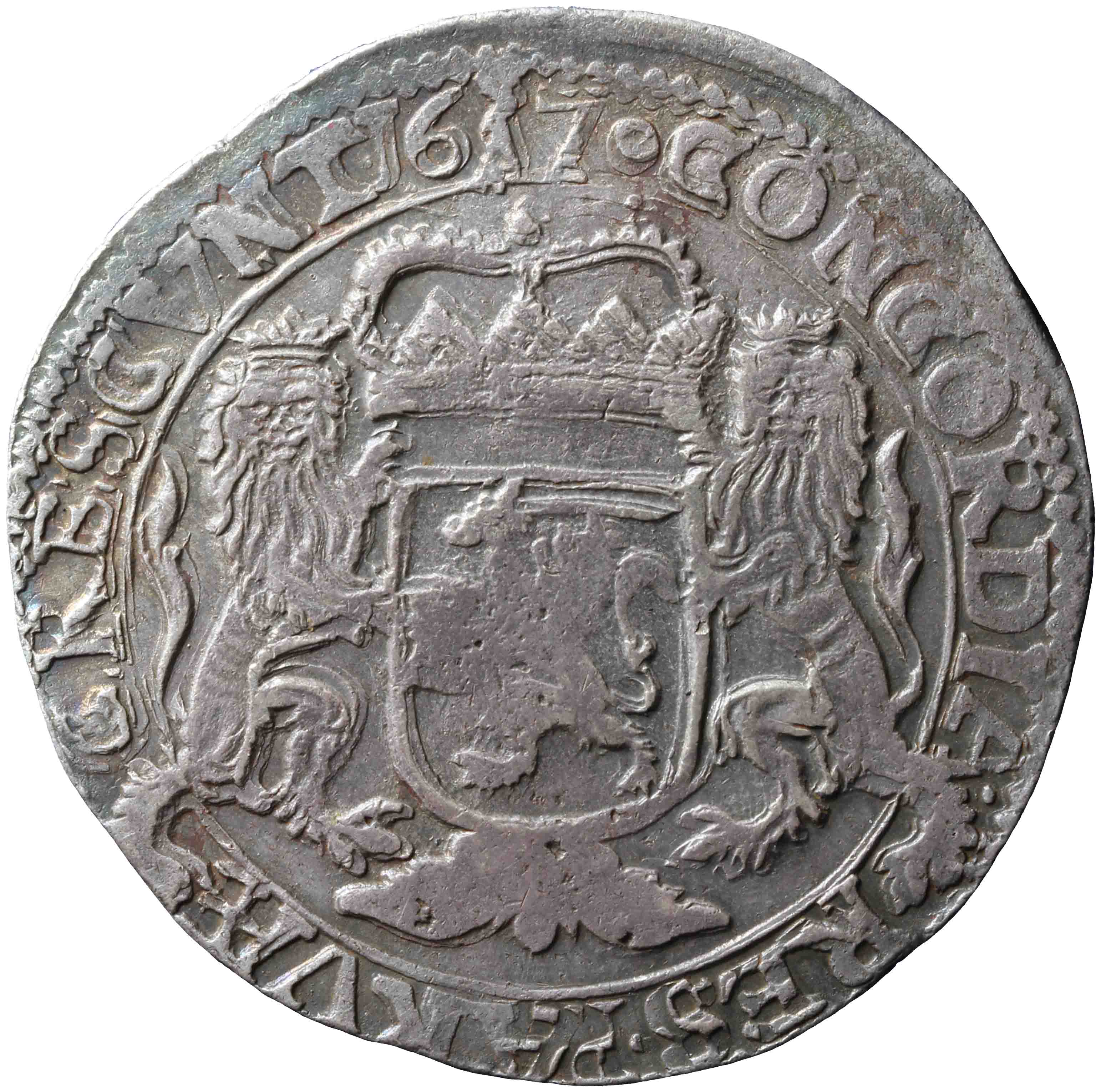 Afbeelding van de keerzijde. zilveren rijder of dukaton. Inventarisnummer:DNB-05538