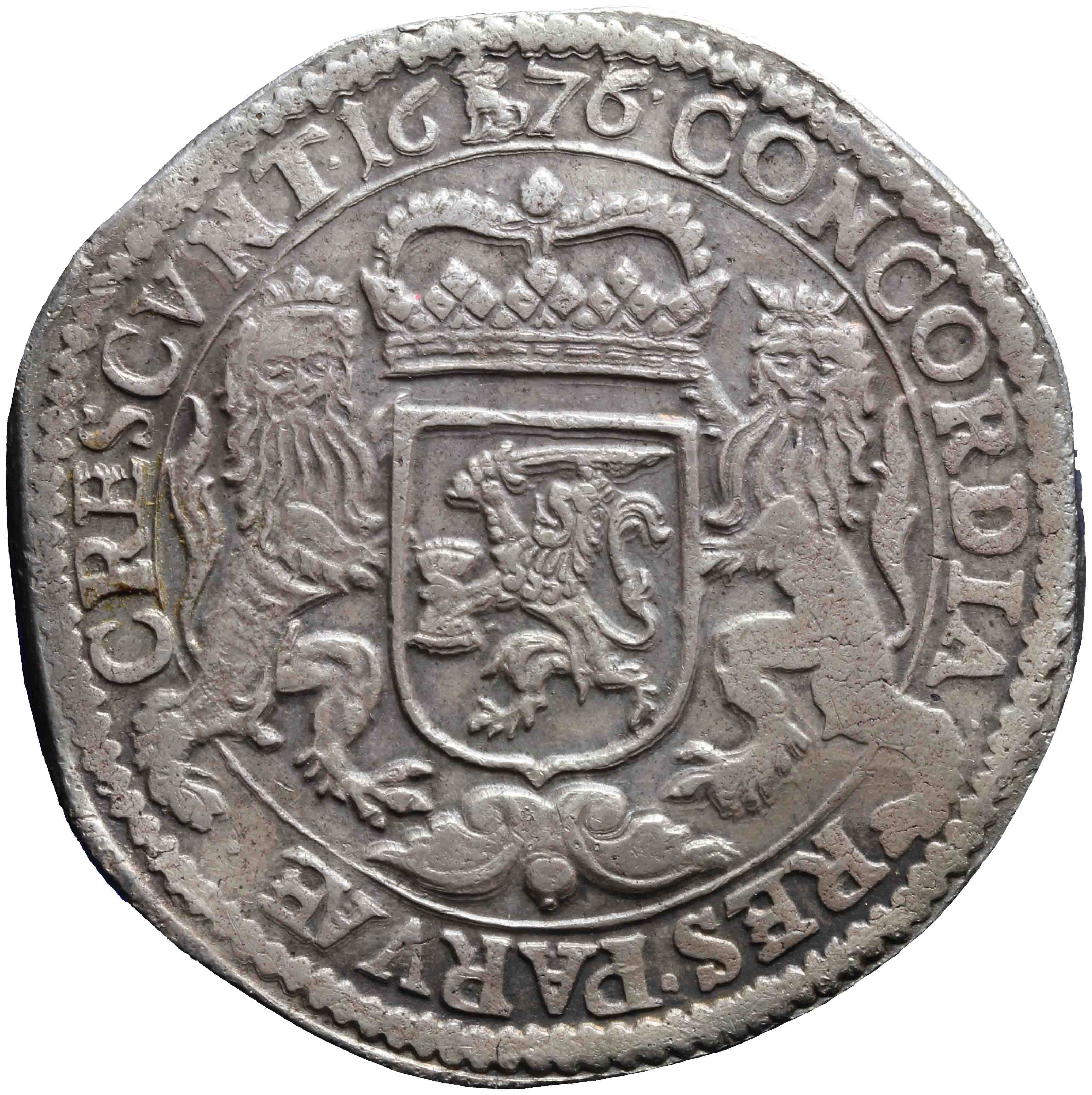 Afbeelding van de keerzijde. zilveren rijder of dukaton. Inventarisnummer:DNB-05541