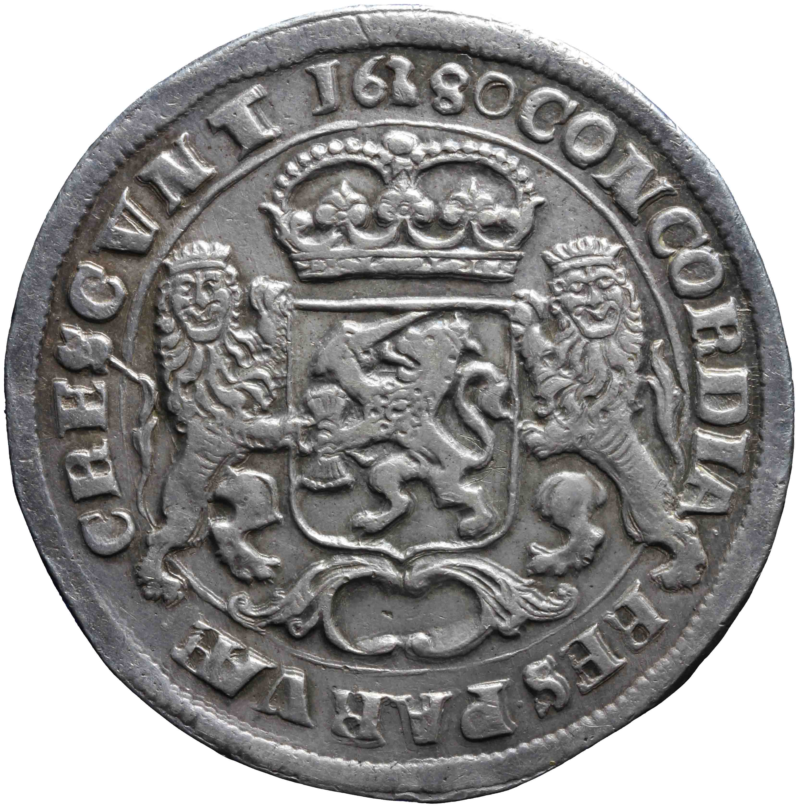 Afbeelding van de keerzijde. zilveren rijder of dukaton. Inventarisnummer:DNB-05544