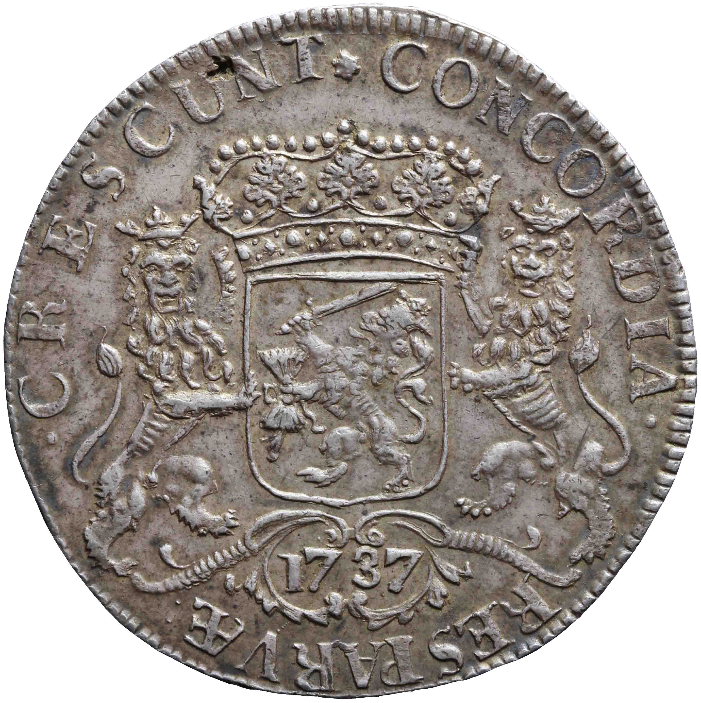 Afbeelding van de keerzijde. zilveren rijder of dukaton. Inventarisnummer:DNB-05549