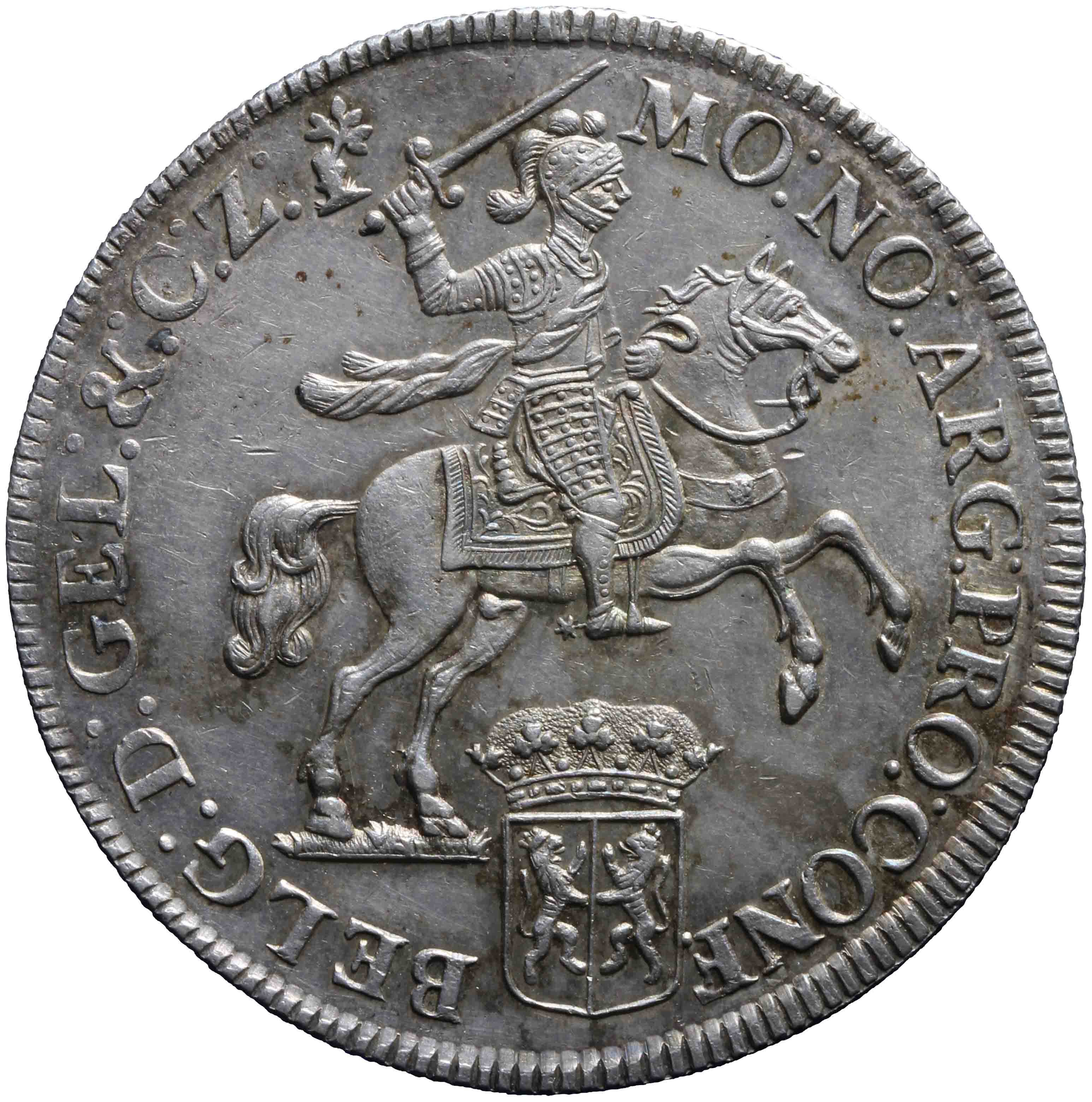 Afbeelding van de voorzijde. zilveren rijder of dukaton. Inventarisnummer:DNB-05551