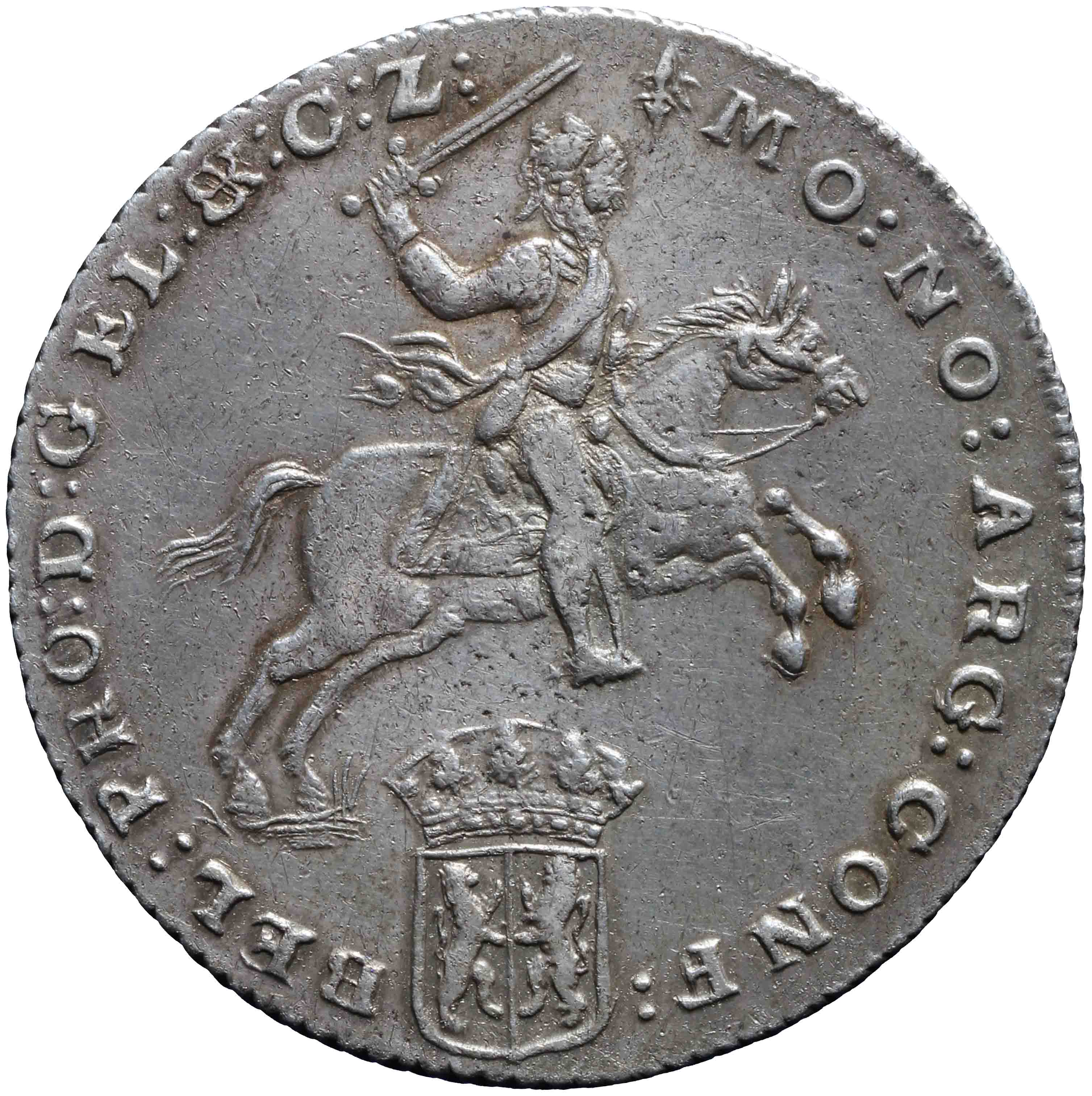 Afbeelding van de voorzijde. zilveren rijder of dukaton. Inventarisnummer:DNB-05558