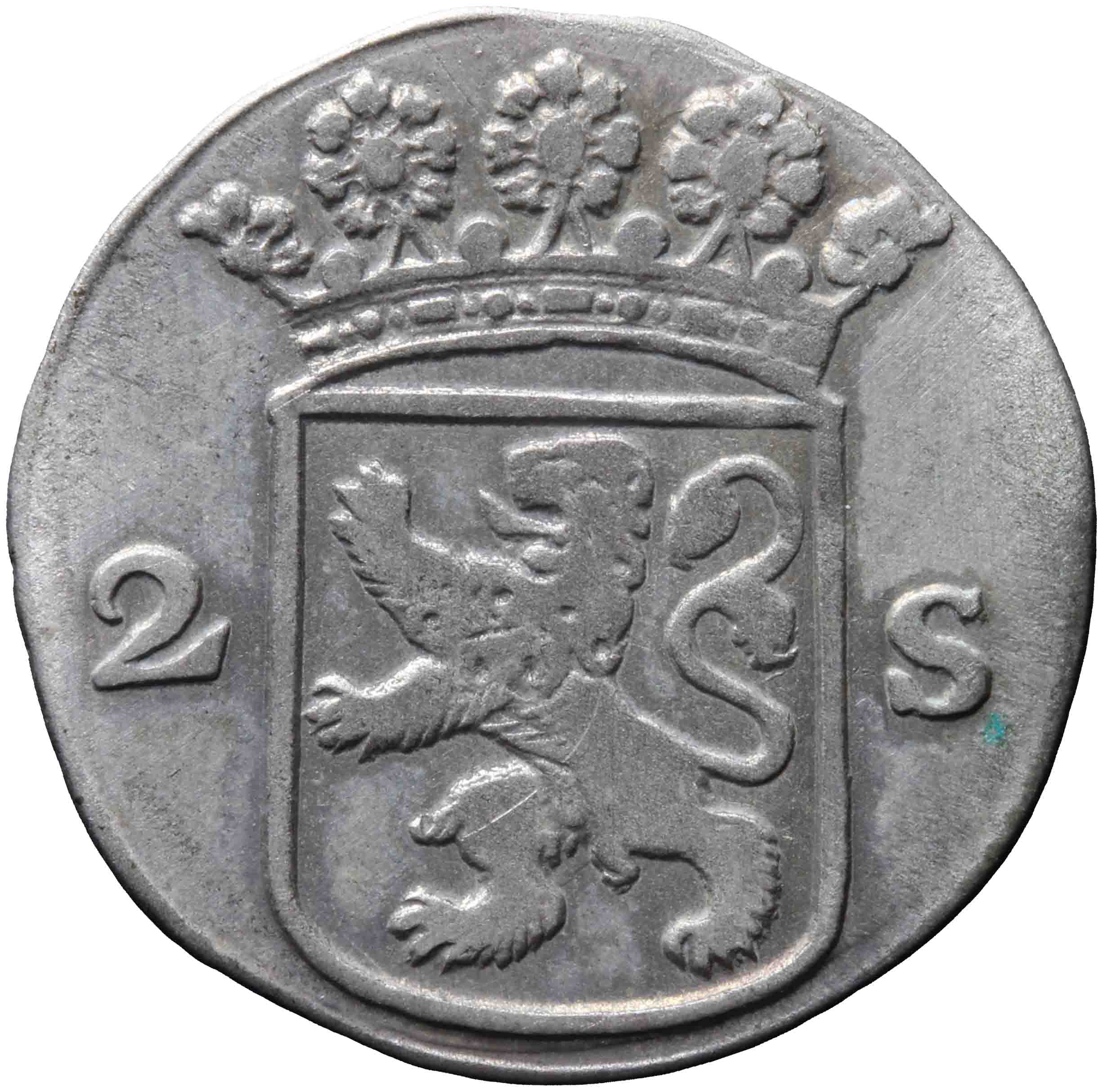 Afbeelding van de voorzijde. dubbele wapenstuiver. Inventarisnummer:DNB-05649