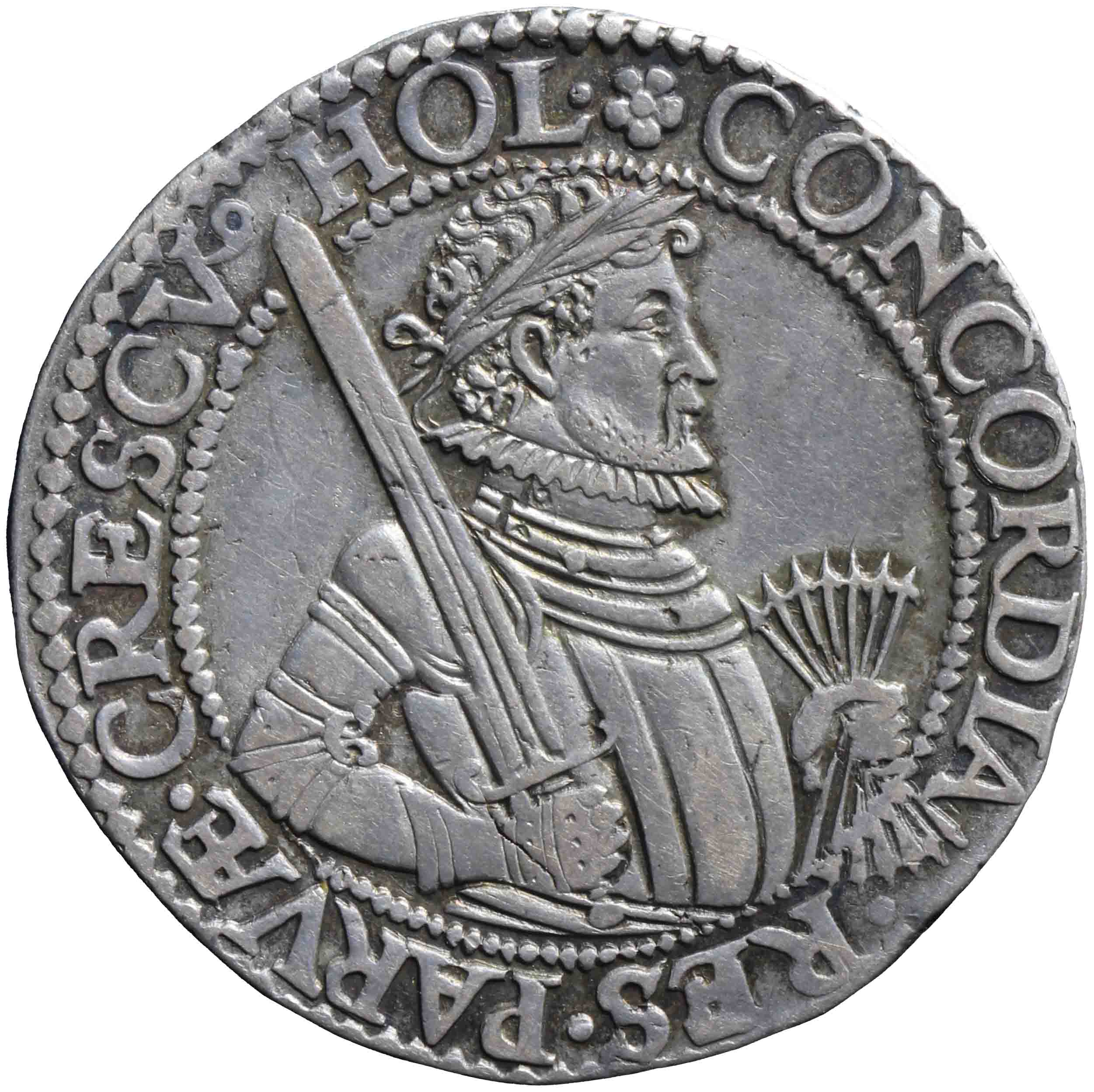 Afbeelding van de voorzijde. halve Leicester- of unierijksdaalder. Inventarisnummer:DNB-05876