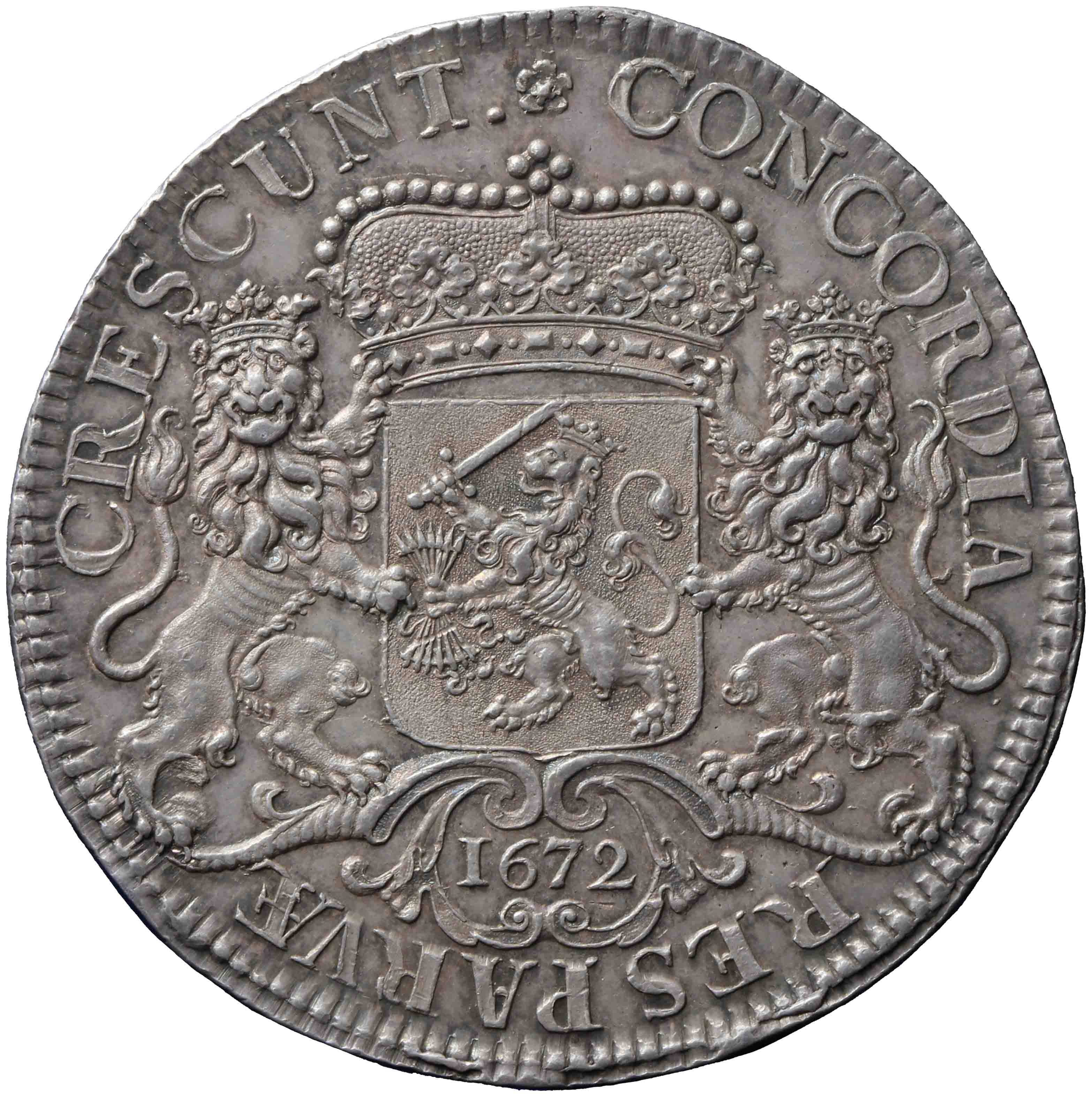 Afbeelding van de keerzijde. zilveren rijder of dukaton. Inventarisnummer:DNB-06144