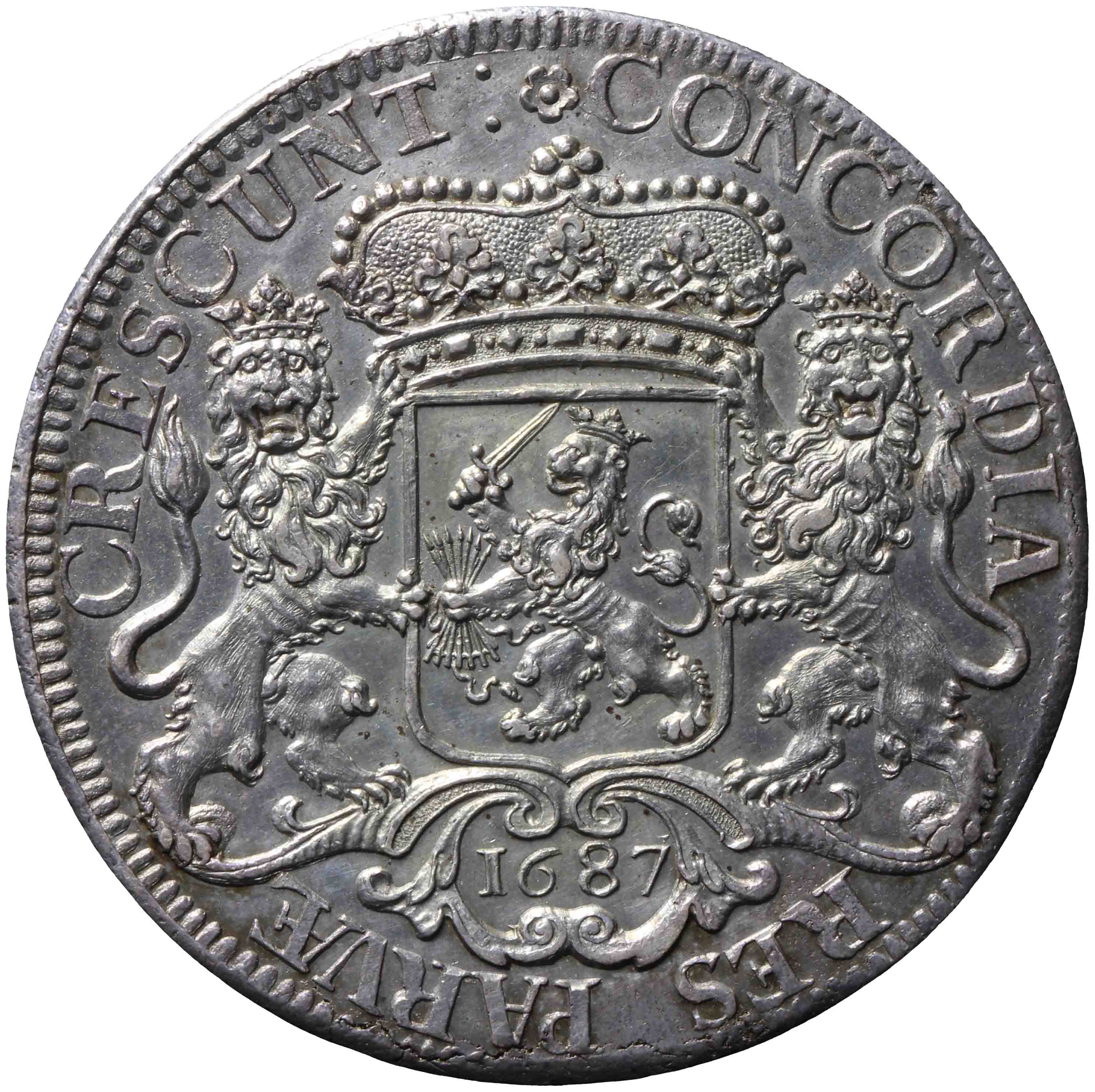Afbeelding van de keerzijde. zilveren rijder of dukaton. Inventarisnummer:DNB-06158