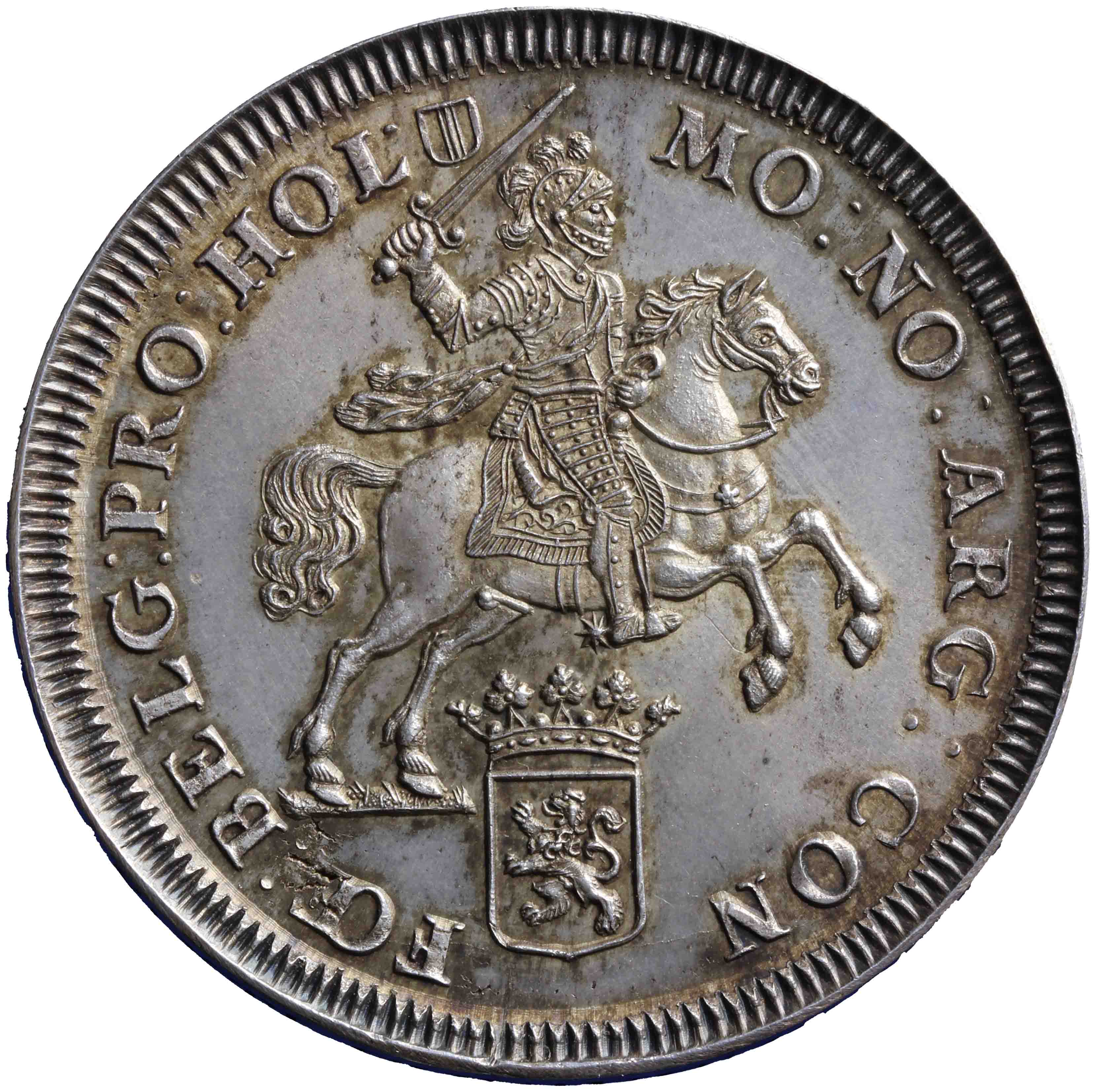 Afbeelding van de voorzijde. zilveren rijder of dukaton. Inventarisnummer:DNB-06169