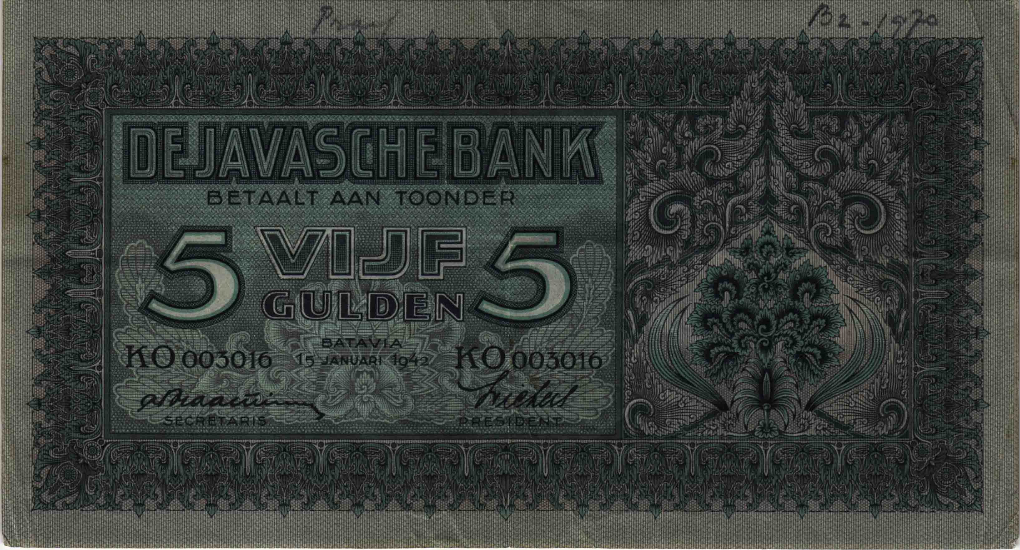 Afbeelding van de voorzijde. vijf gulden. Inventarisnummer:DNB-10481