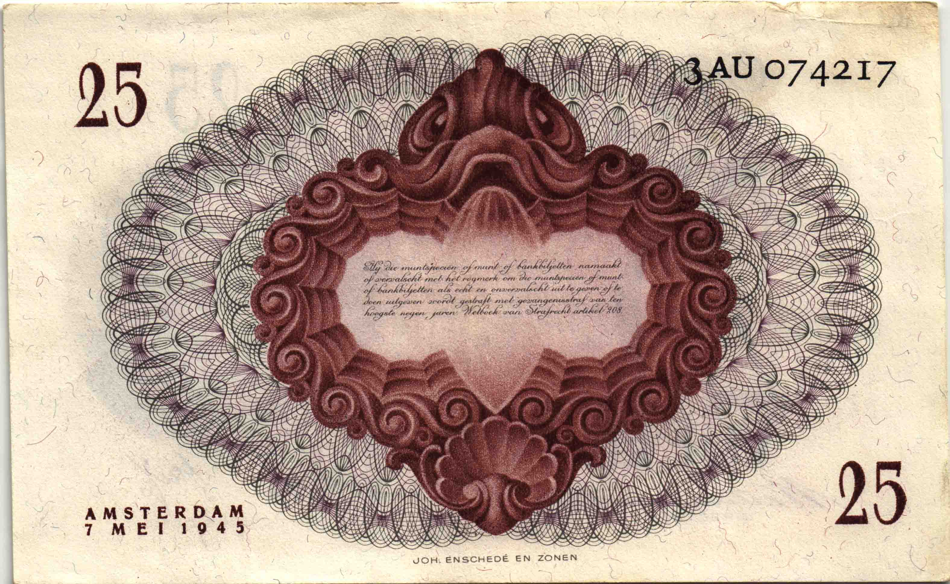 Afbeelding van de keerzijde. vijfentwintig gulden. Inventarisnummer:DNB-30587
