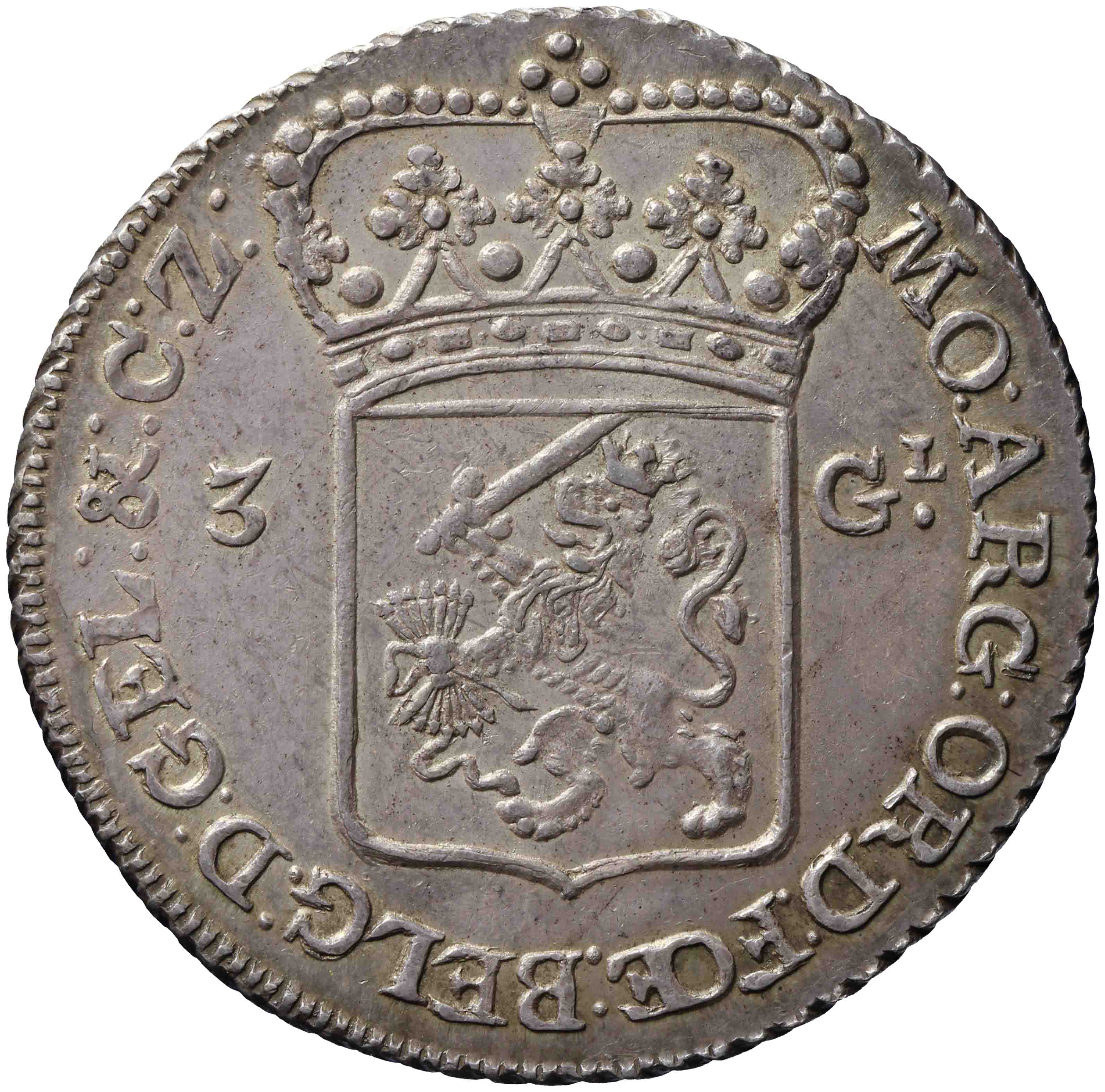 Afbeelding van de keerzijde. drie gulden. Inventarisnummer:DNB-31677