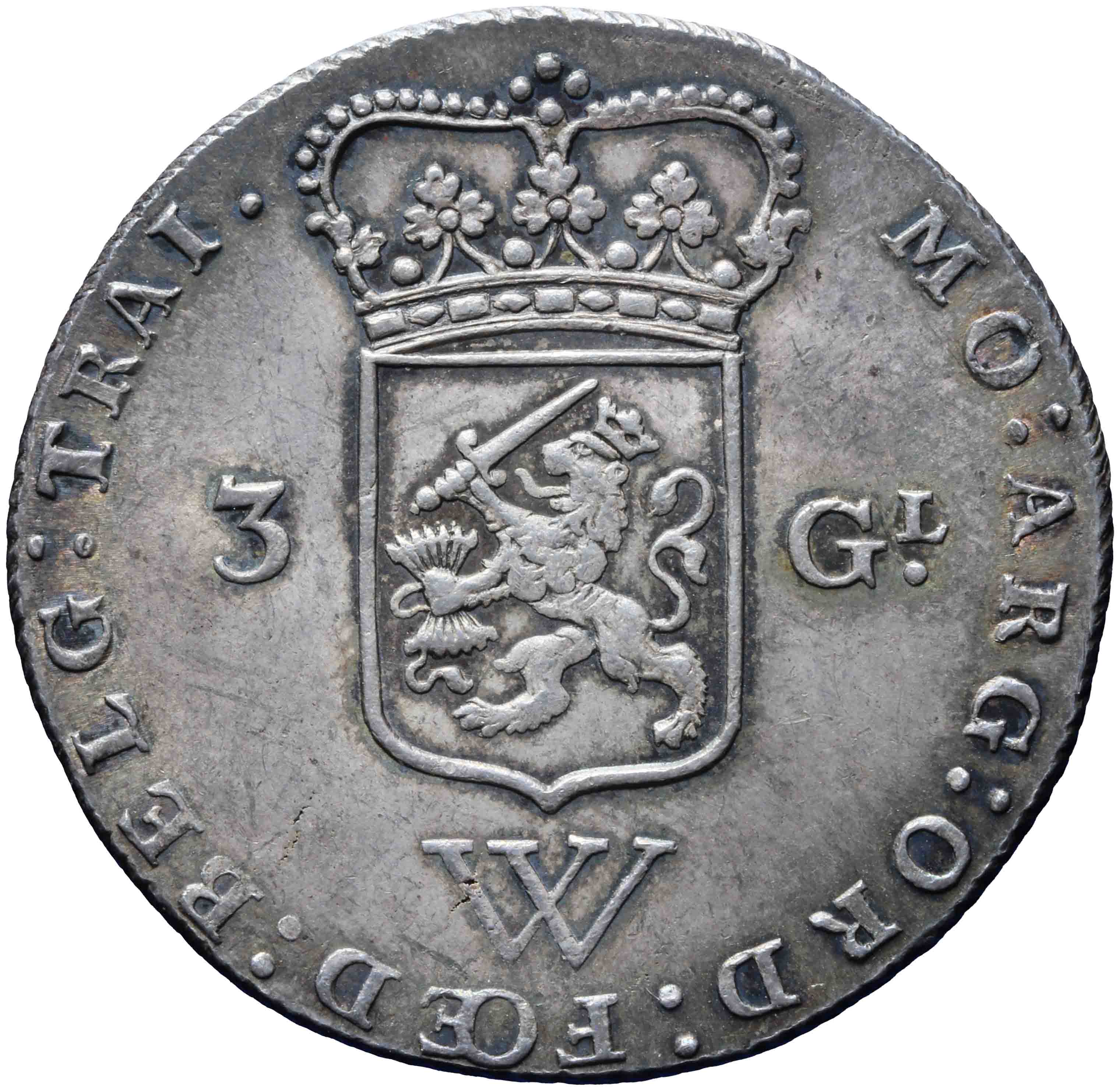 Afbeelding van de keerzijde. drie gulden. Inventarisnummer:DNB-33167