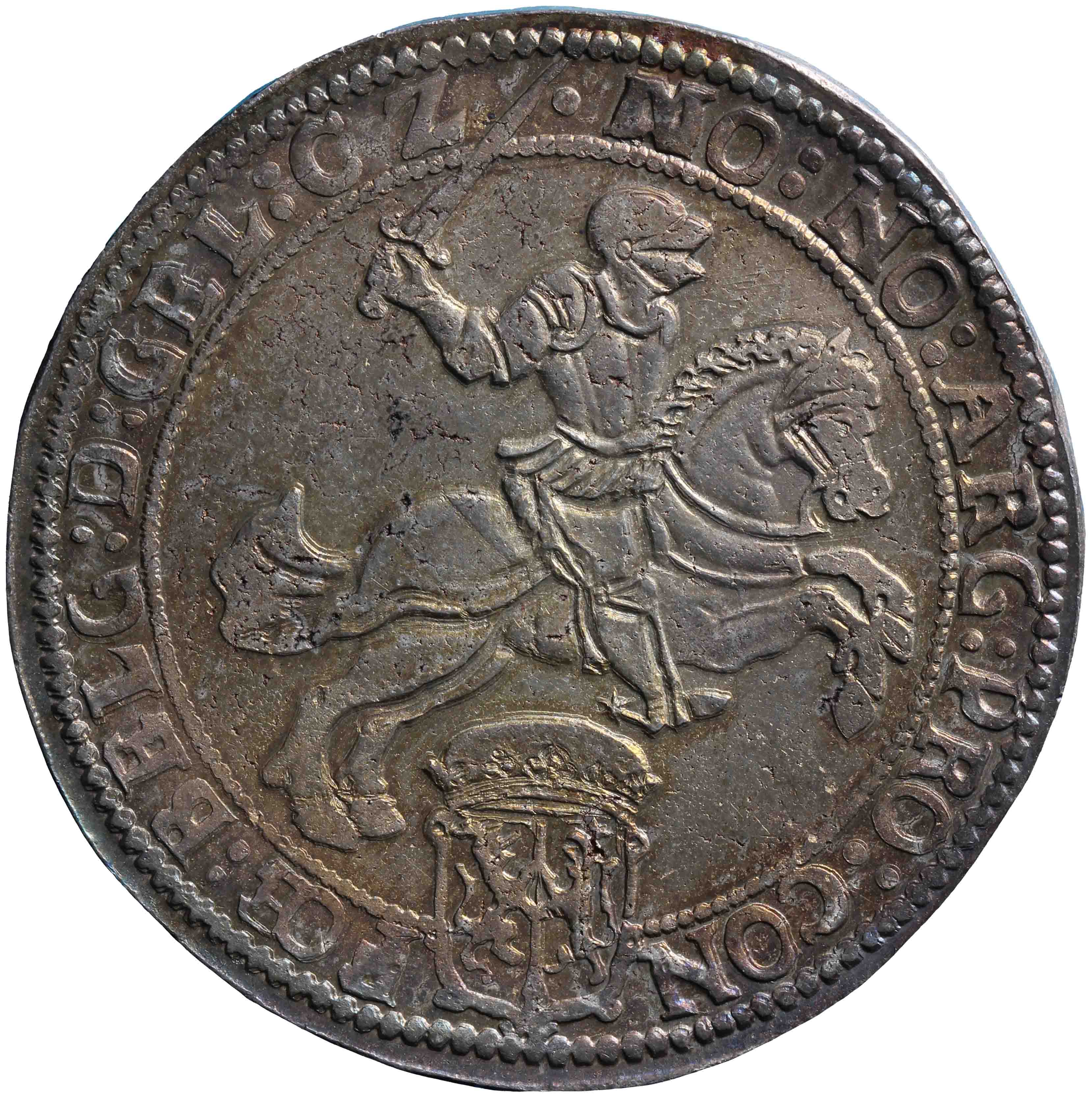 Afbeelding van de voorzijde. zilveren rijder of dukaton. Inventarisnummer:HNM-00243