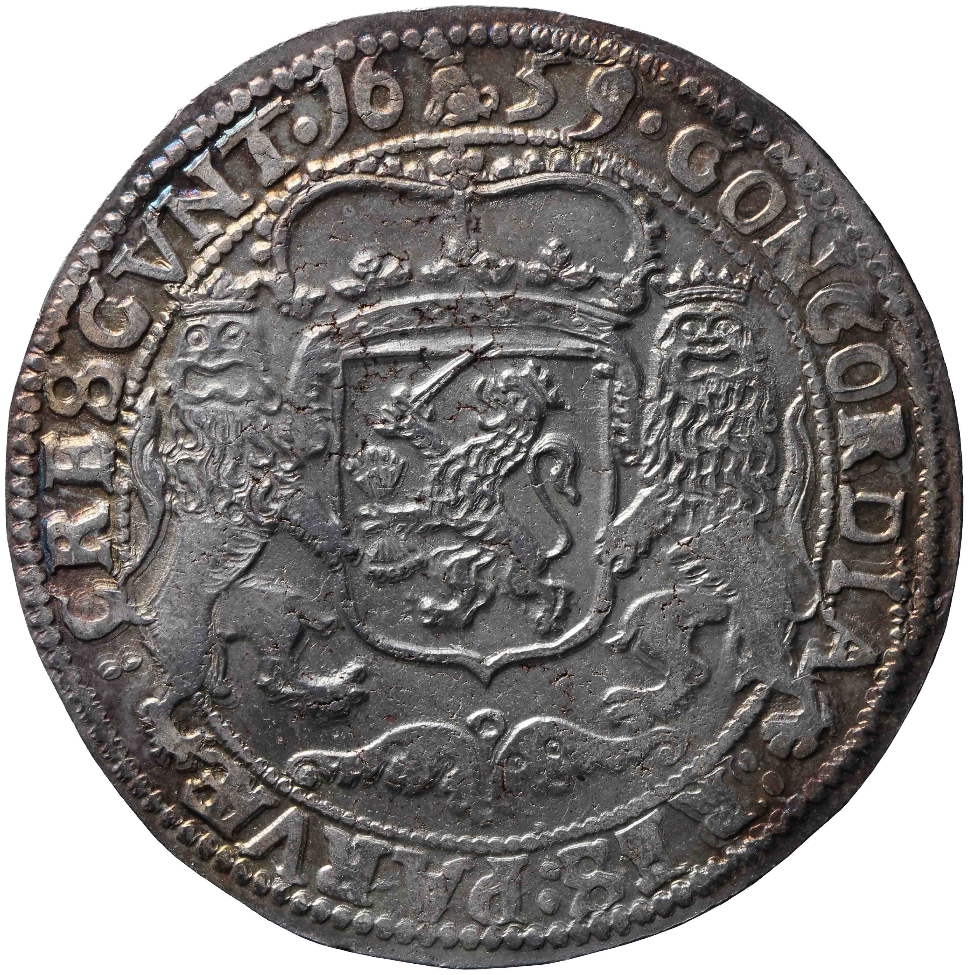 Afbeelding van de keerzijde. zilveren rijder of dukaton. Inventarisnummer:HNM-00243