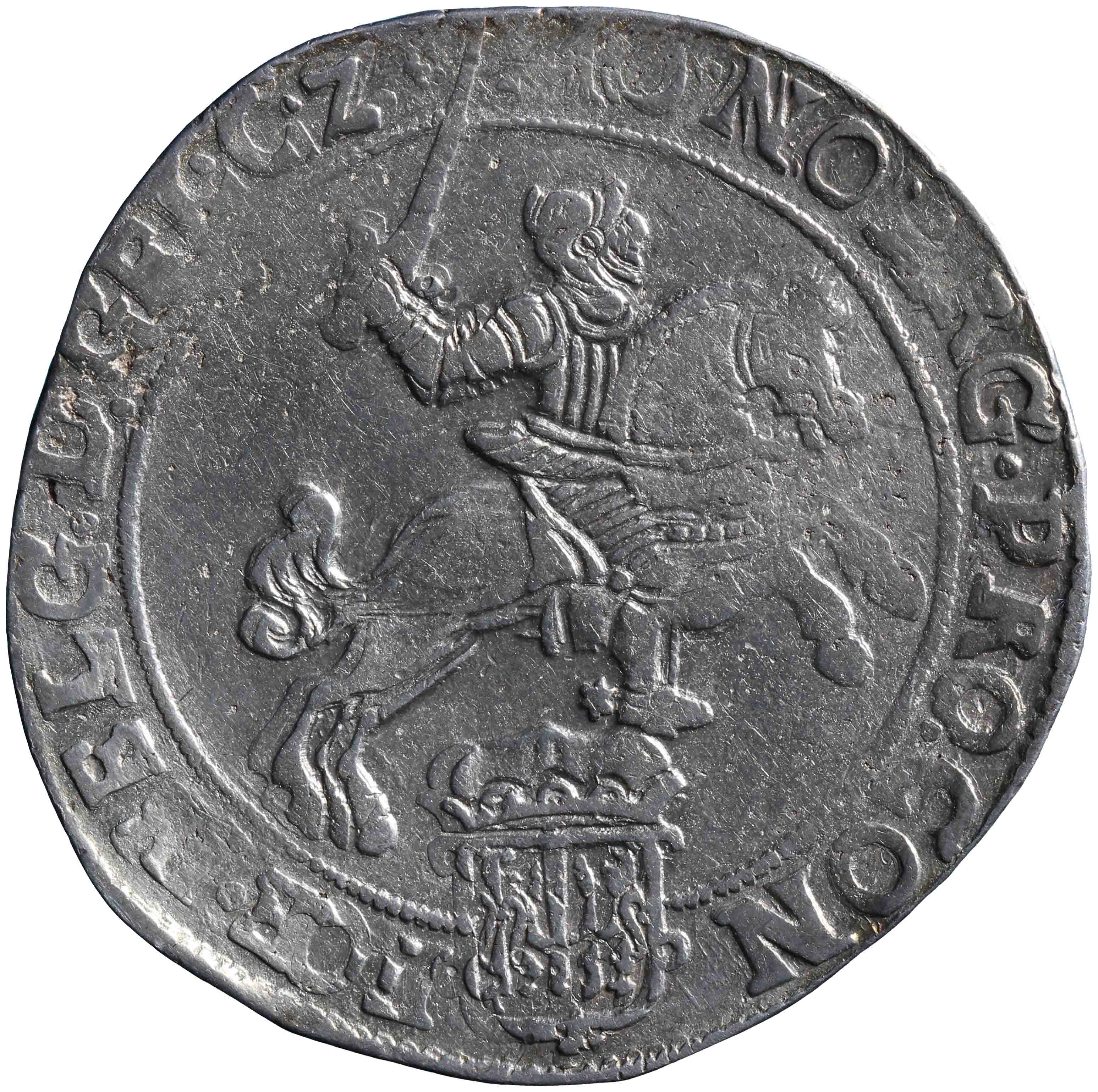 Afbeelding van de voorzijde. zilveren rijder of dukaton. Inventarisnummer:HNM-00250