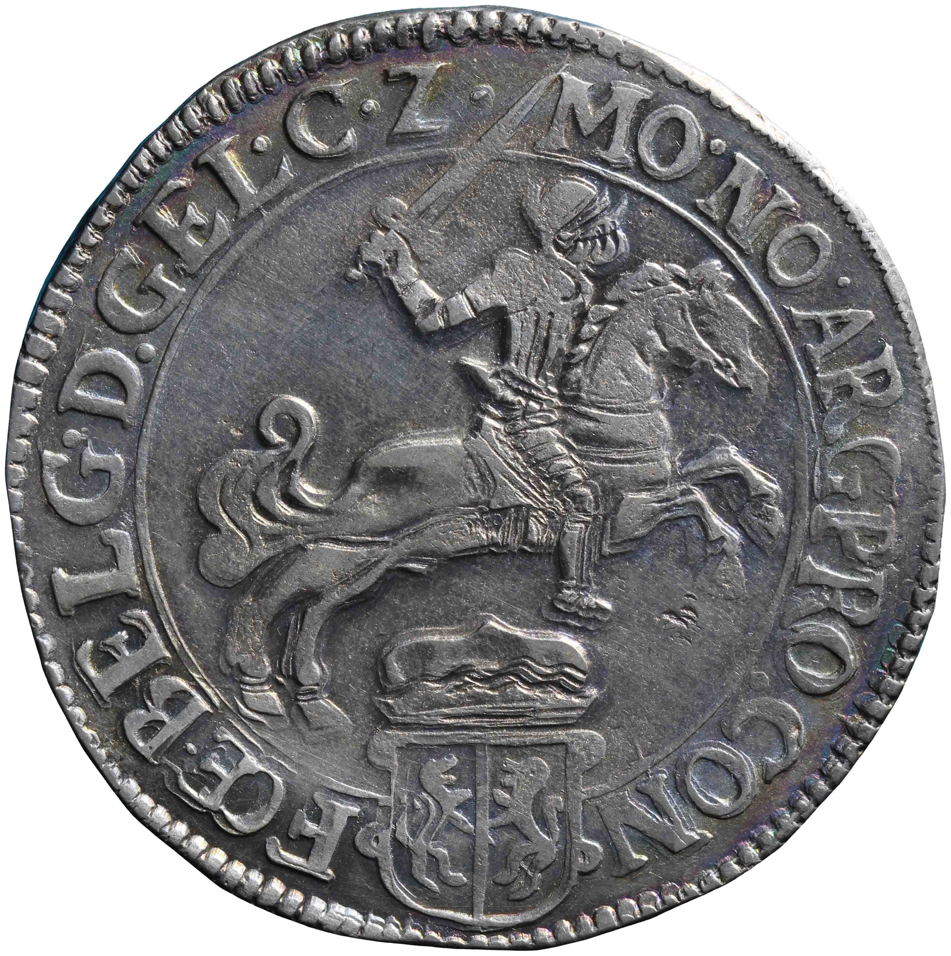 Afbeelding van de voorzijde. zilveren rijder of dukaton. Inventarisnummer:HNM-00251