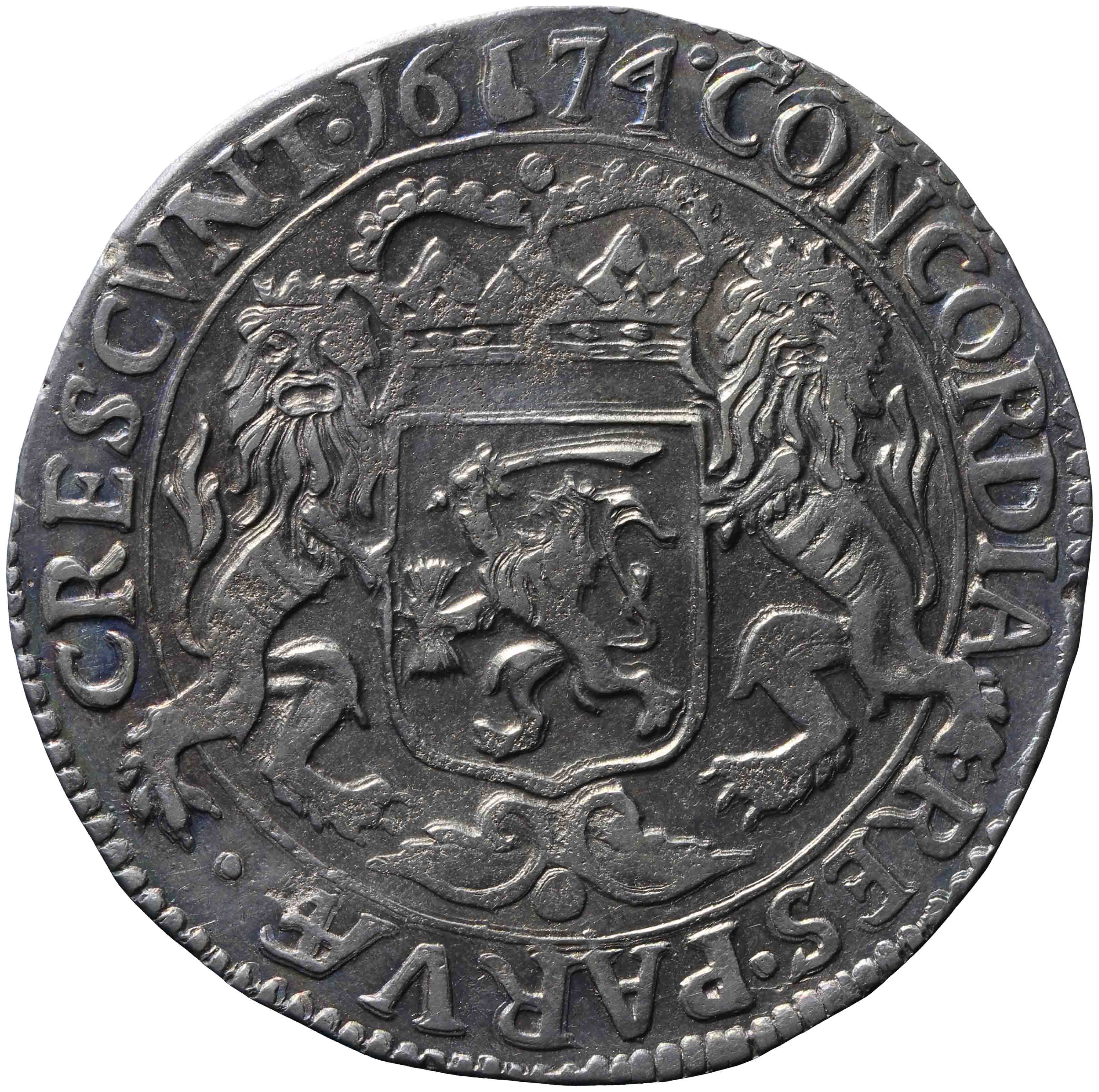 Afbeelding van de keerzijde. zilveren rijder of dukaton. Inventarisnummer:HNM-00251