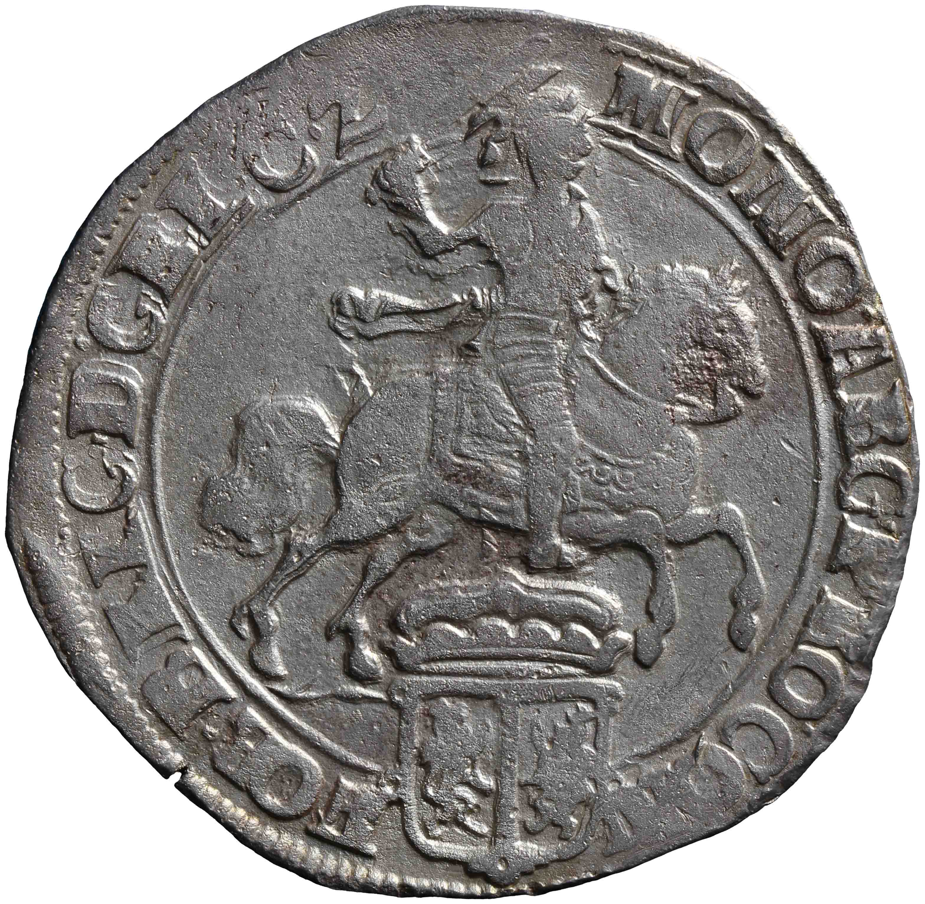 Afbeelding van de voorzijde. zilveren rijder of dukaton. Inventarisnummer:HNM-00253