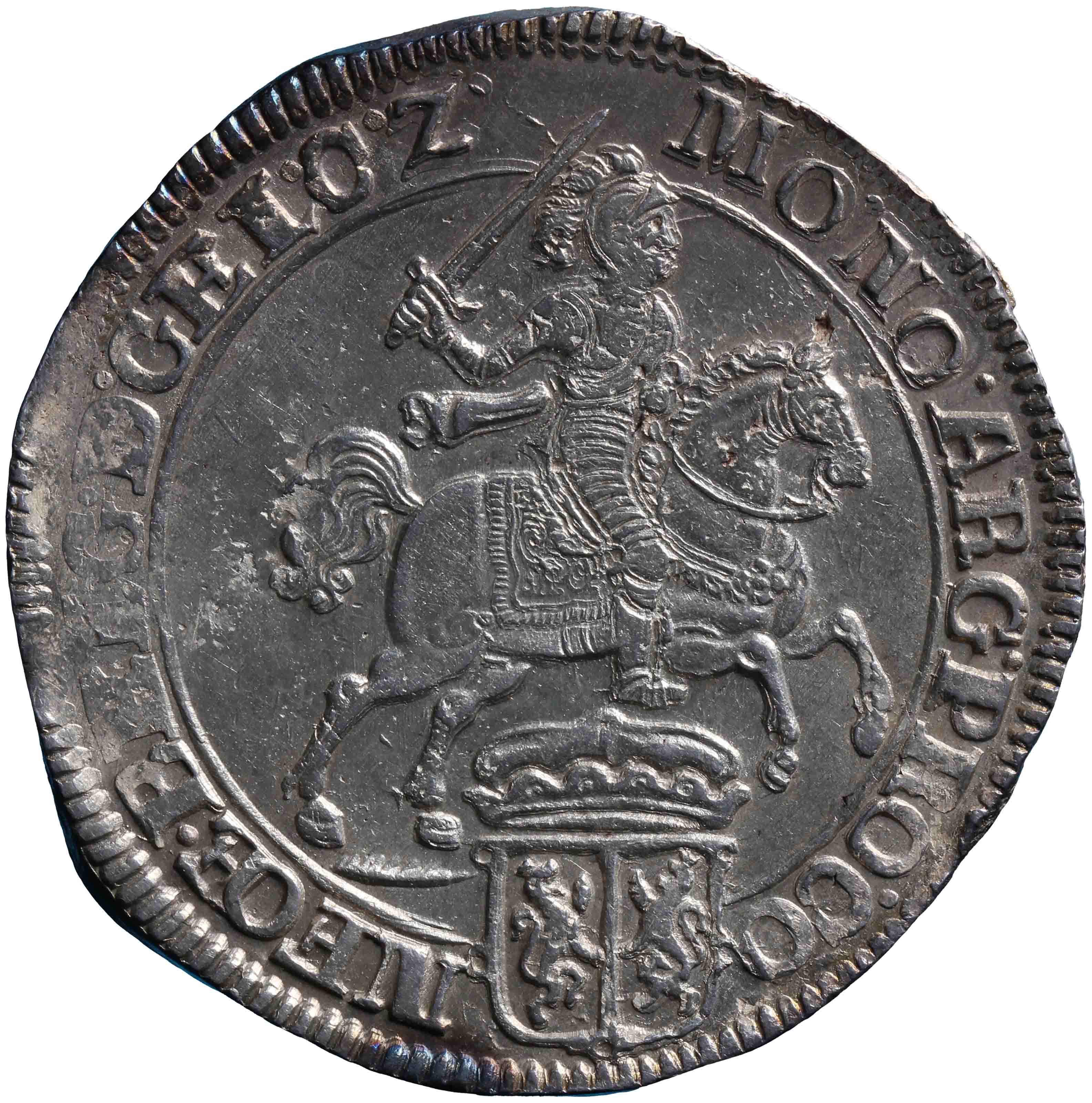 Afbeelding van de voorzijde. zilveren rijder of dukaton. Inventarisnummer:HNM-00254