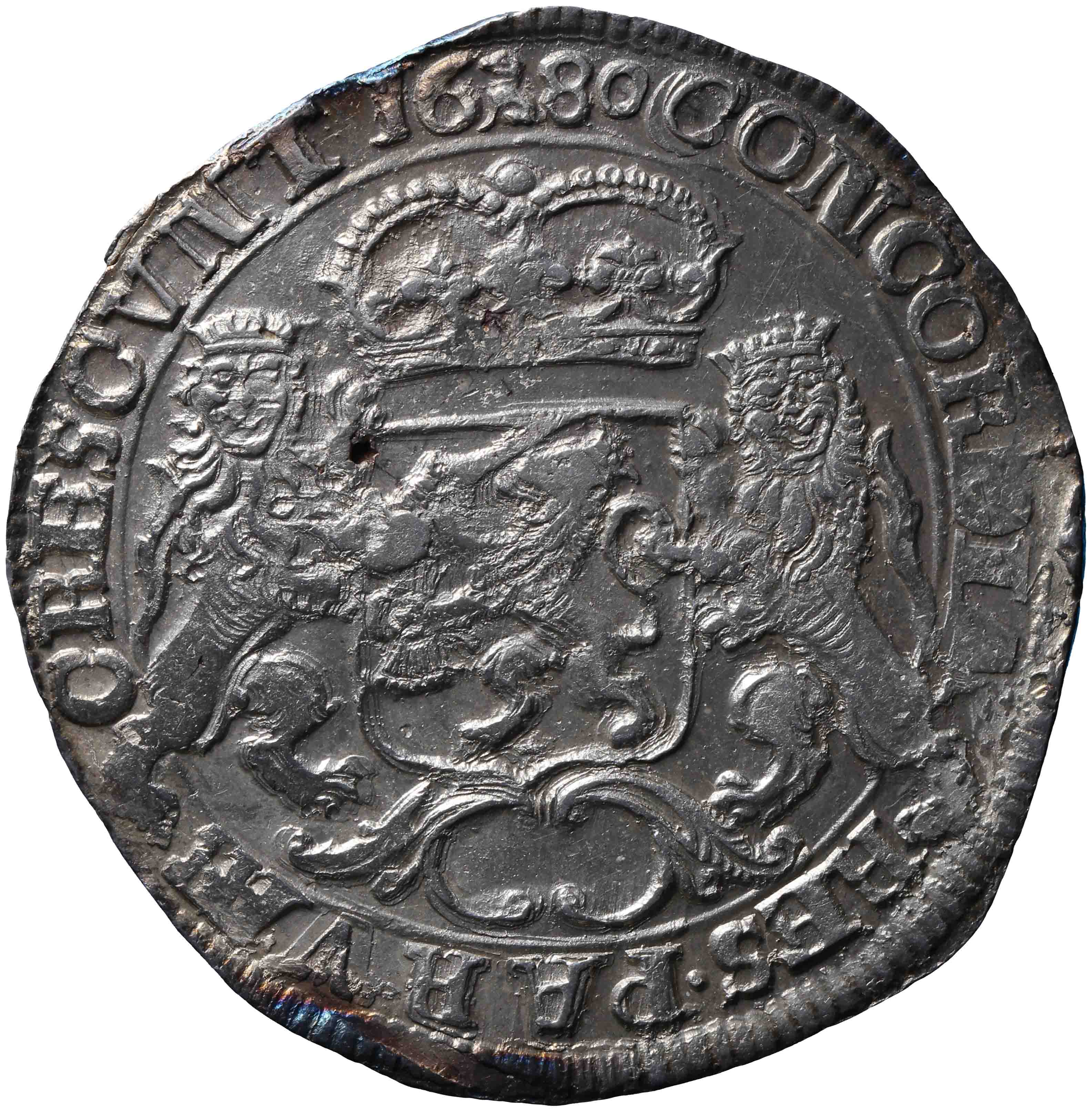 Afbeelding van de keerzijde. zilveren rijder of dukaton. Inventarisnummer:HNM-00254