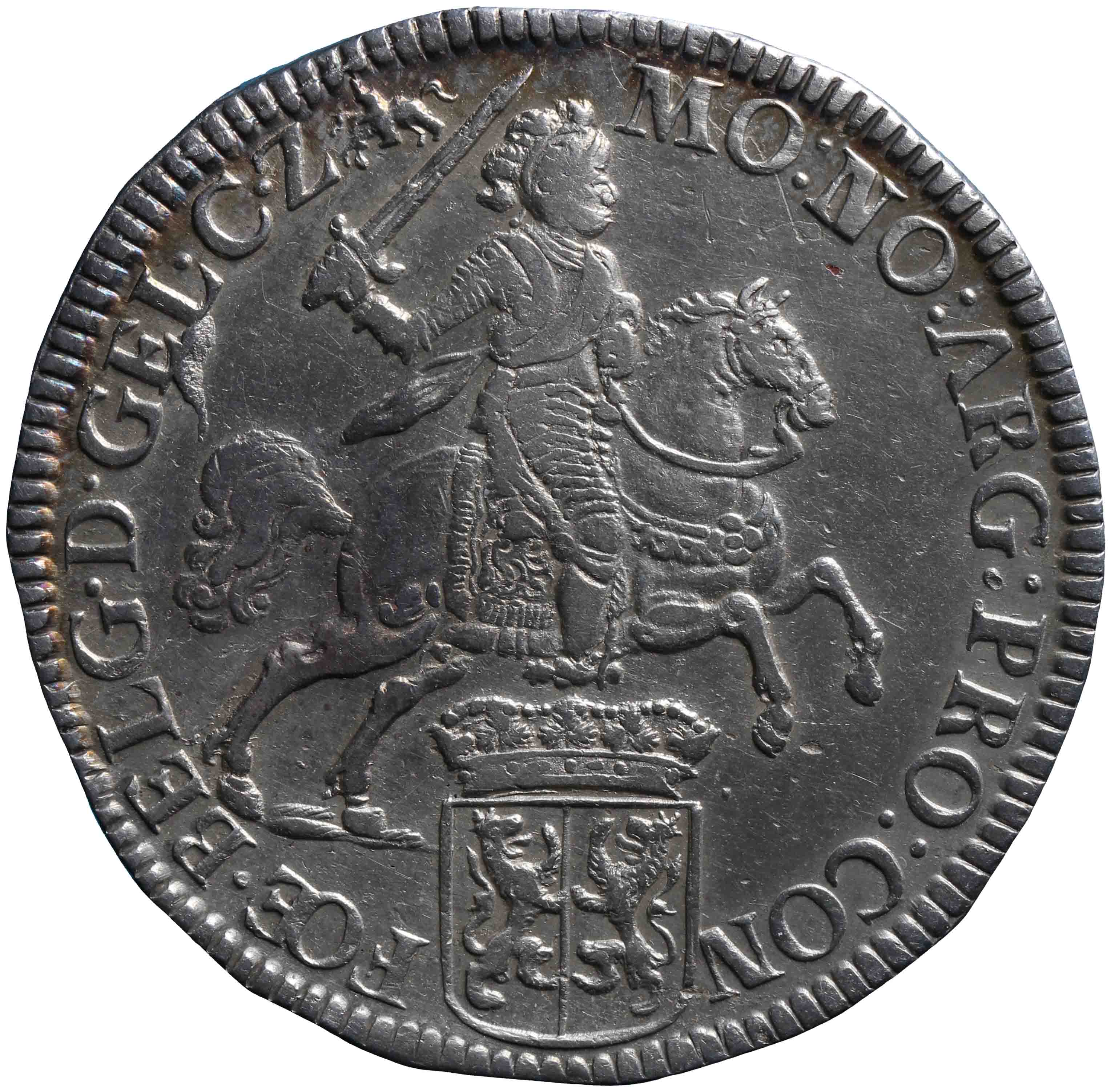 Afbeelding van de voorzijde. zilveren rijder of dukaton. Inventarisnummer:HNM-00255