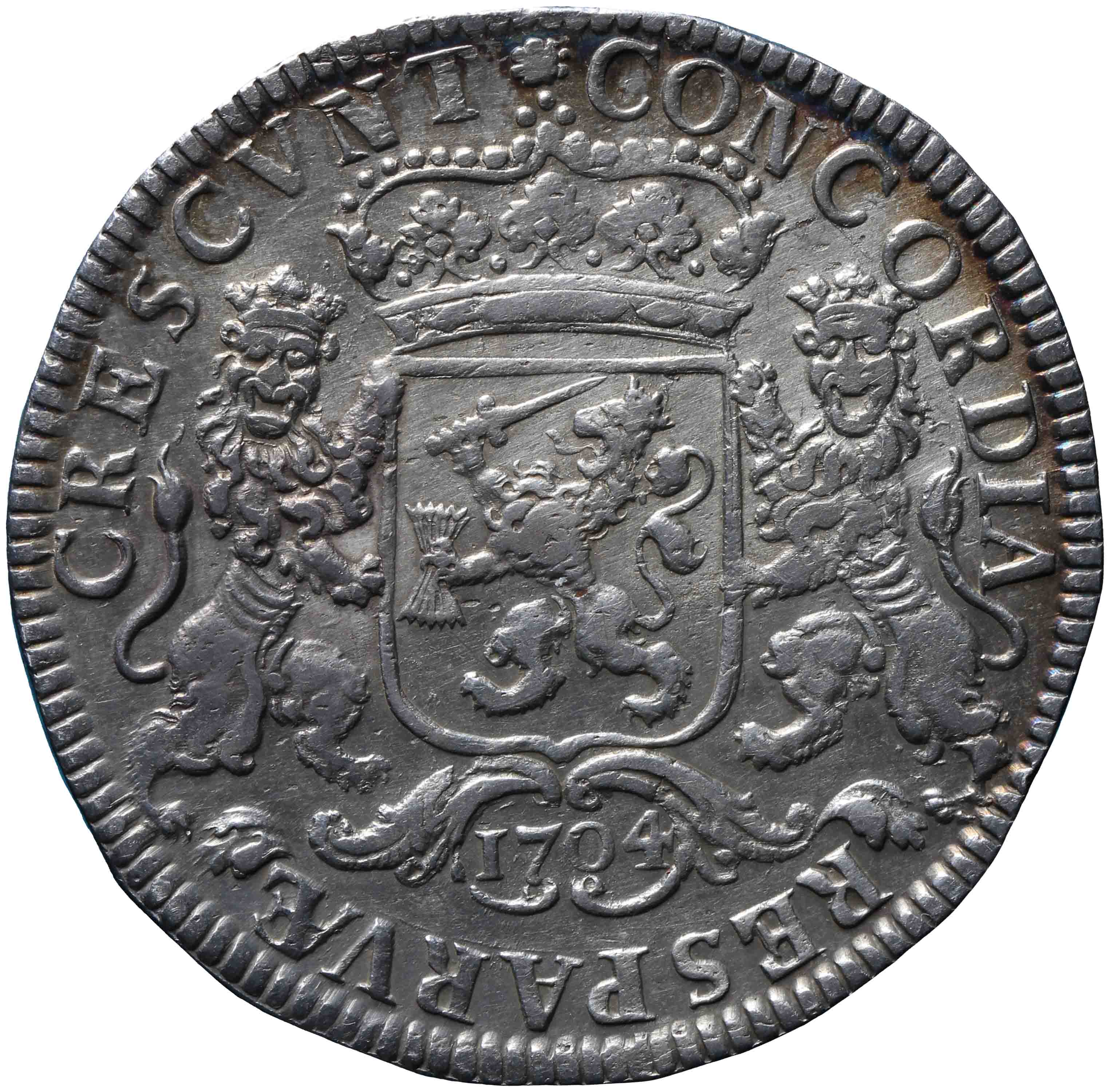 Afbeelding van de keerzijde. zilveren rijder of dukaton. Inventarisnummer:HNM-00255