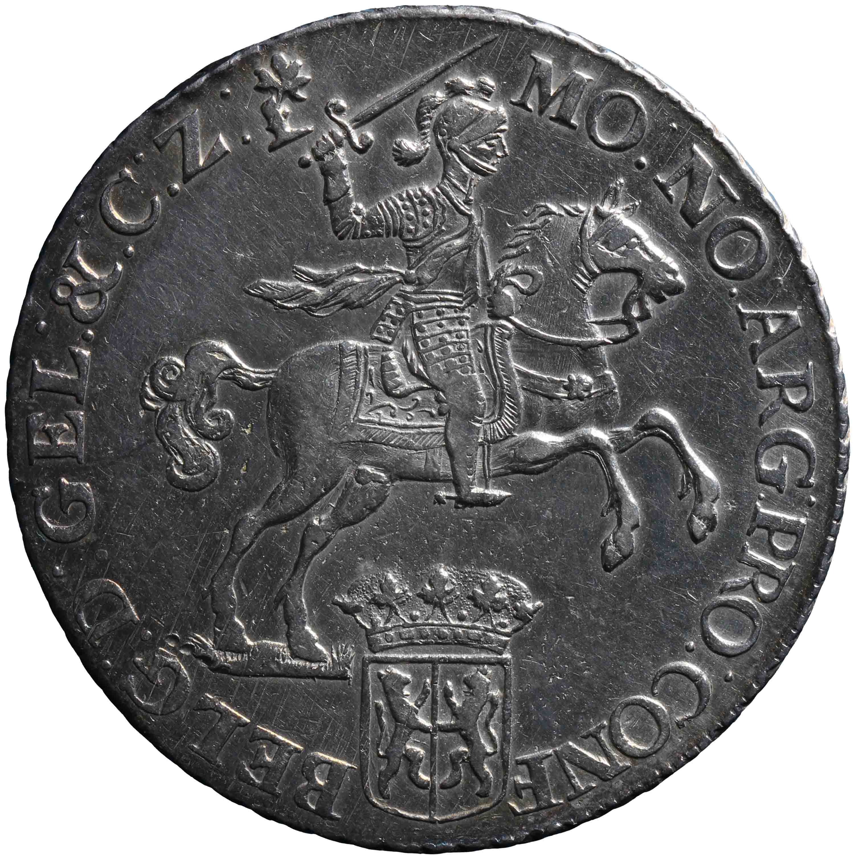 Afbeelding van de voorzijde. zilveren rijder of dukaton. Inventarisnummer:HNM-00263