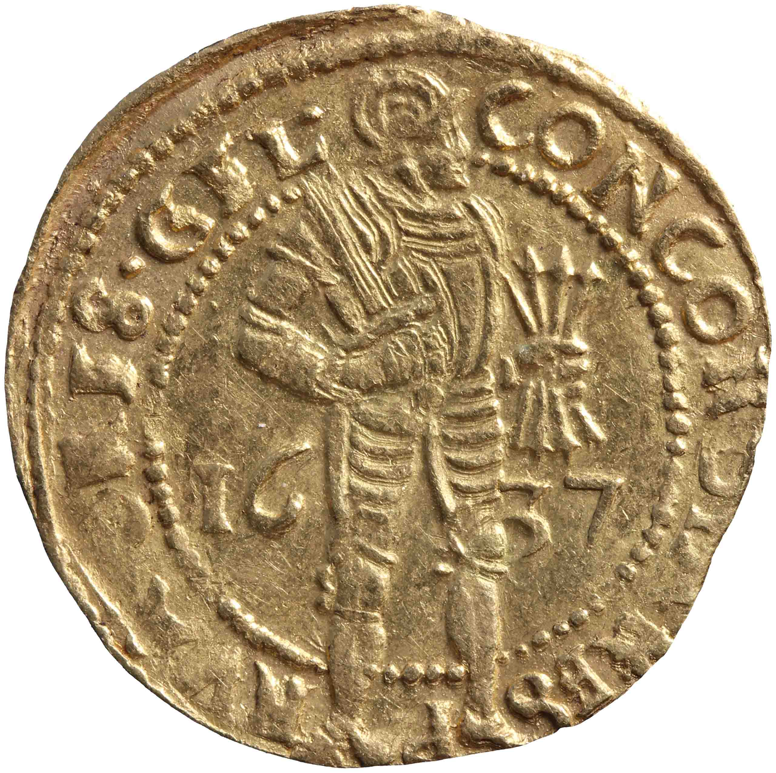 Afbeelding van de voorzijde. gouden dukaat. Inventarisnummer:HNM-01161