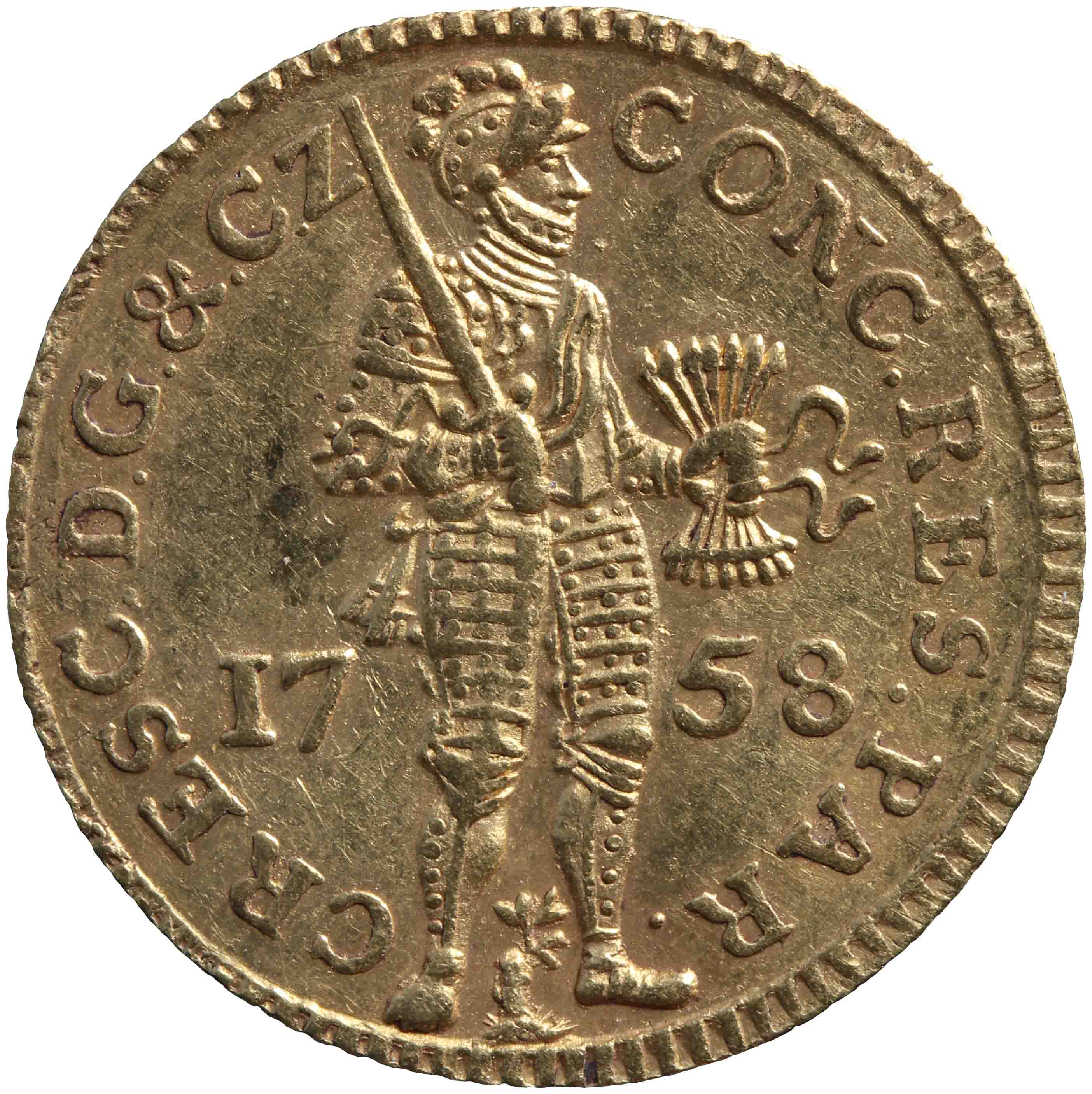Afbeelding van de voorzijde. gouden dukaat. Inventarisnummer:HNM-01171