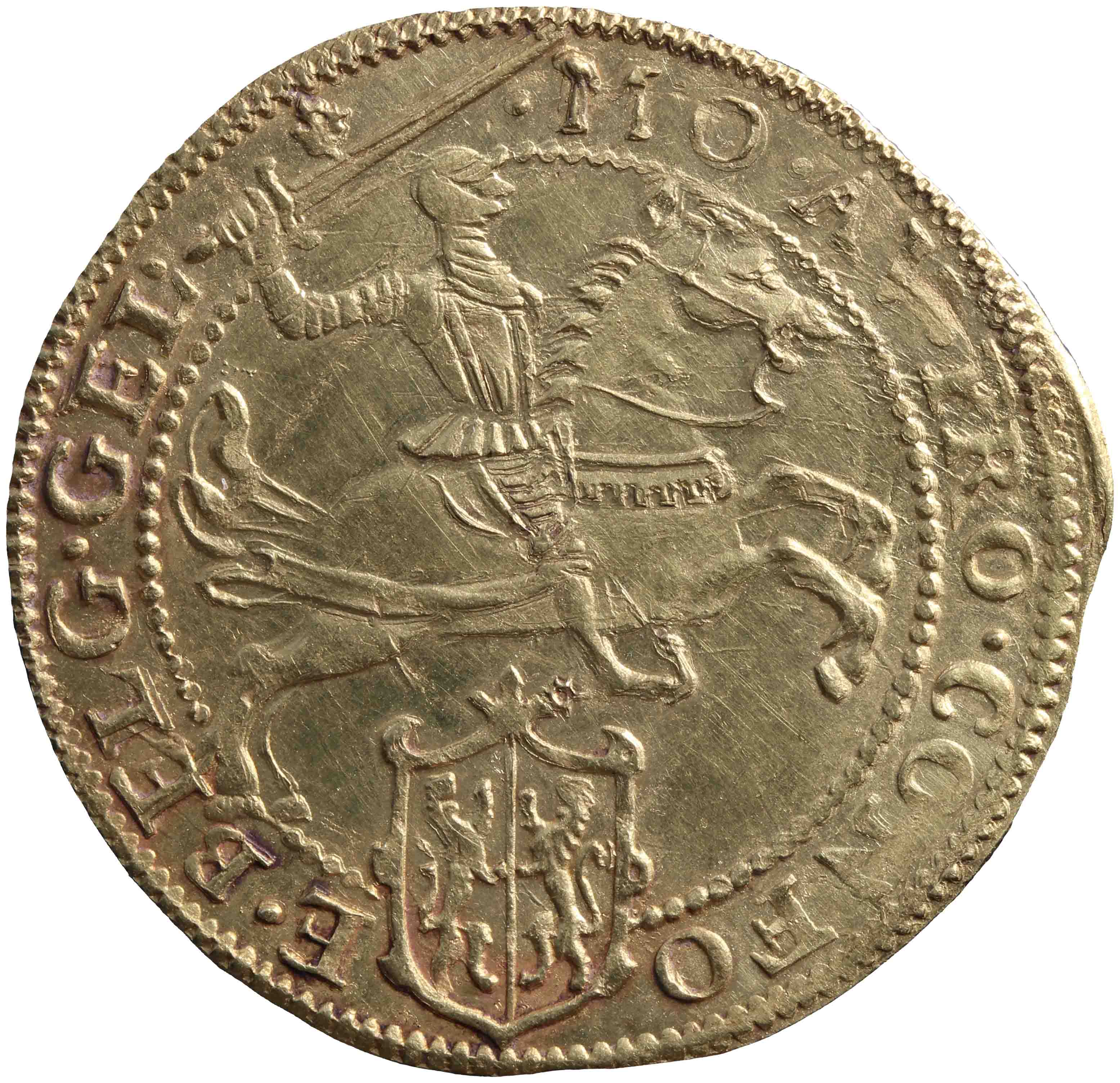 Afbeelding van de voorzijde. gouden rijder. Inventarisnummer:HNM-01180