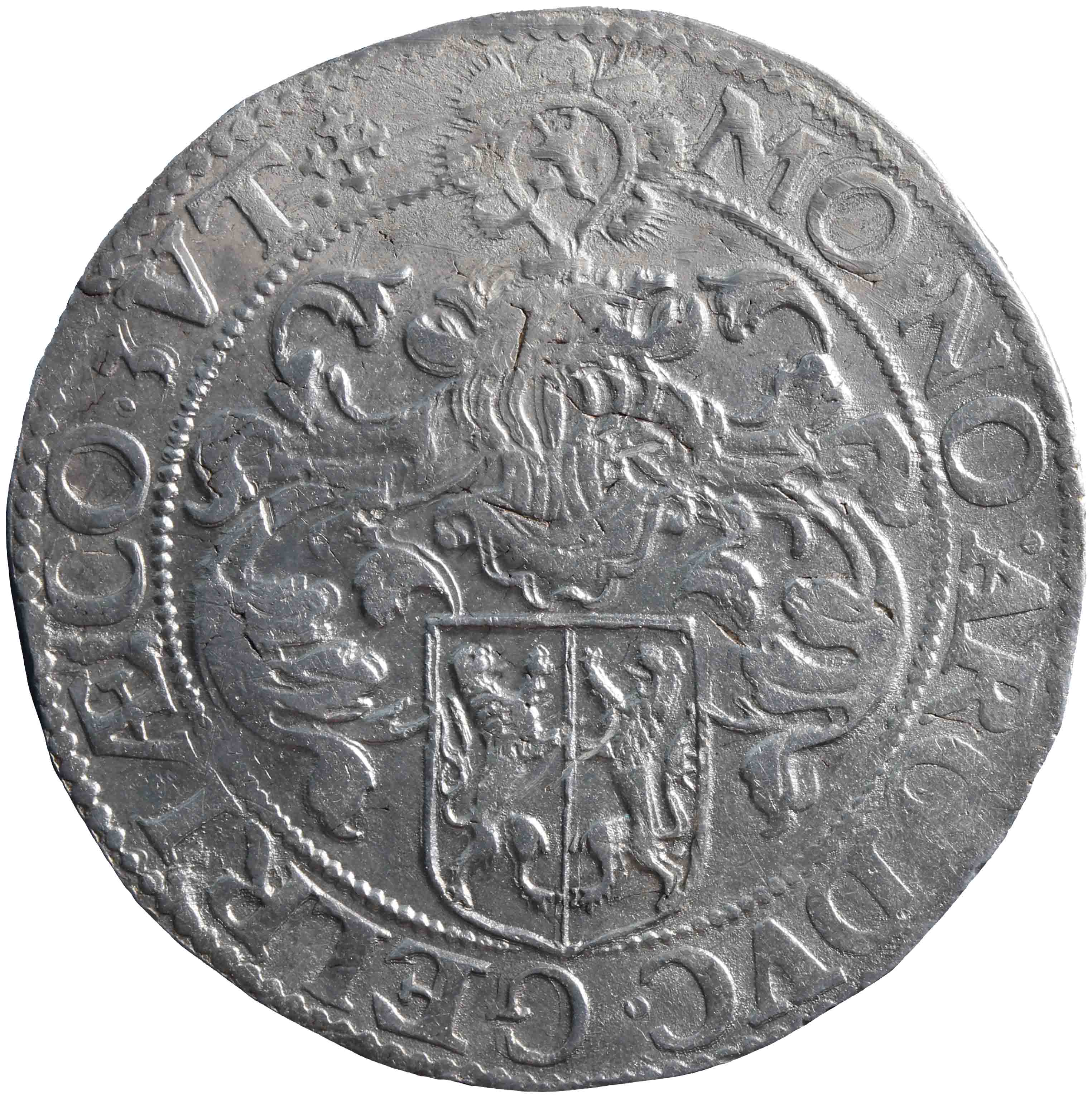 Afbeelding van de keerzijde. Gelderse of gehelmde rijksdaalder of prinsendaalder. Inventarisnummer:HNM-01204