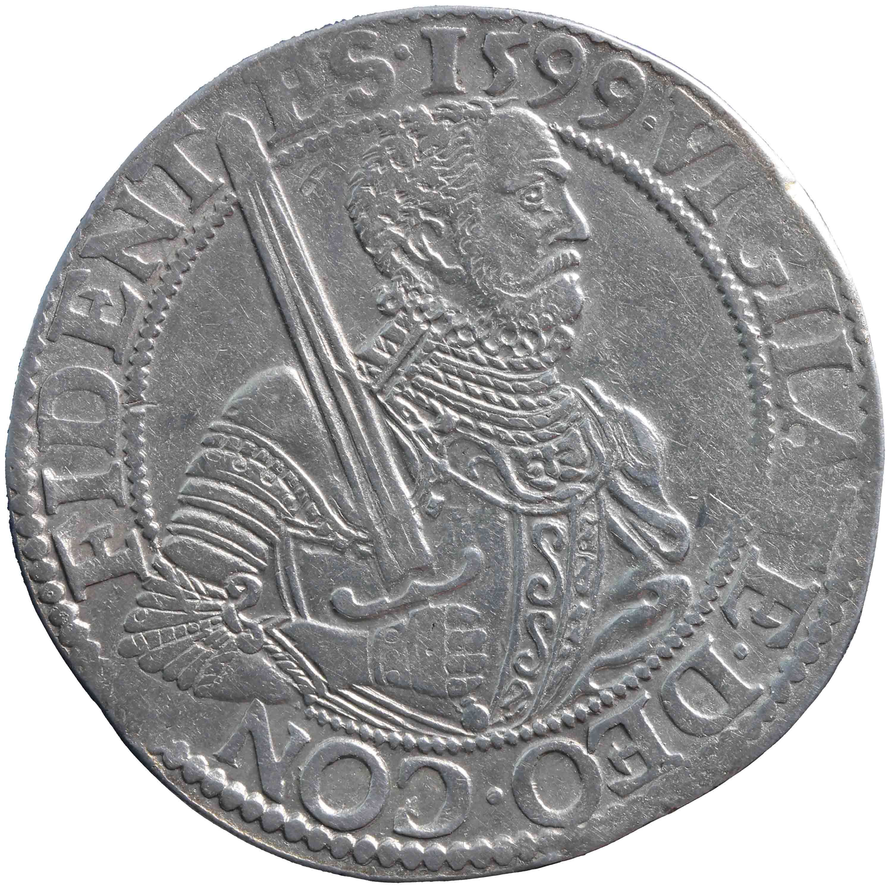 Afbeelding van de voorzijde. Gelderse of gehelmde rijksdaalder of prinsendaalder. Inventarisnummer:HNM-01205