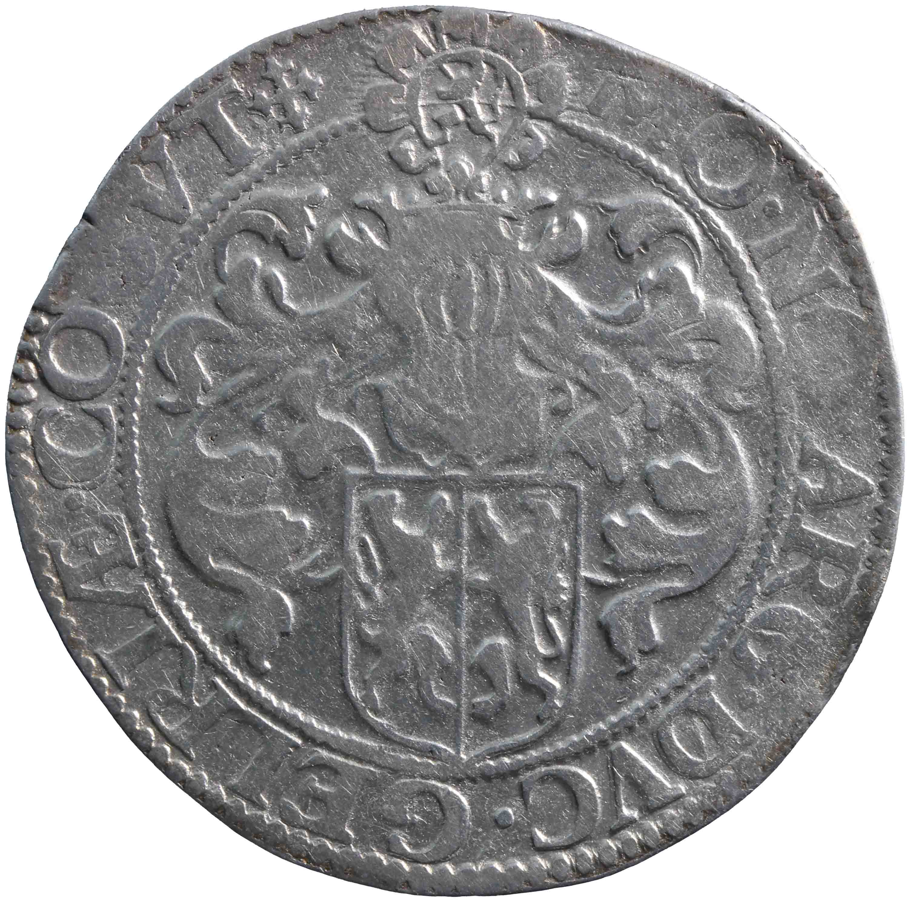 Afbeelding van de keerzijde. Gelderse of gehelmde rijksdaalder of prinsendaalder. Inventarisnummer:HNM-01205