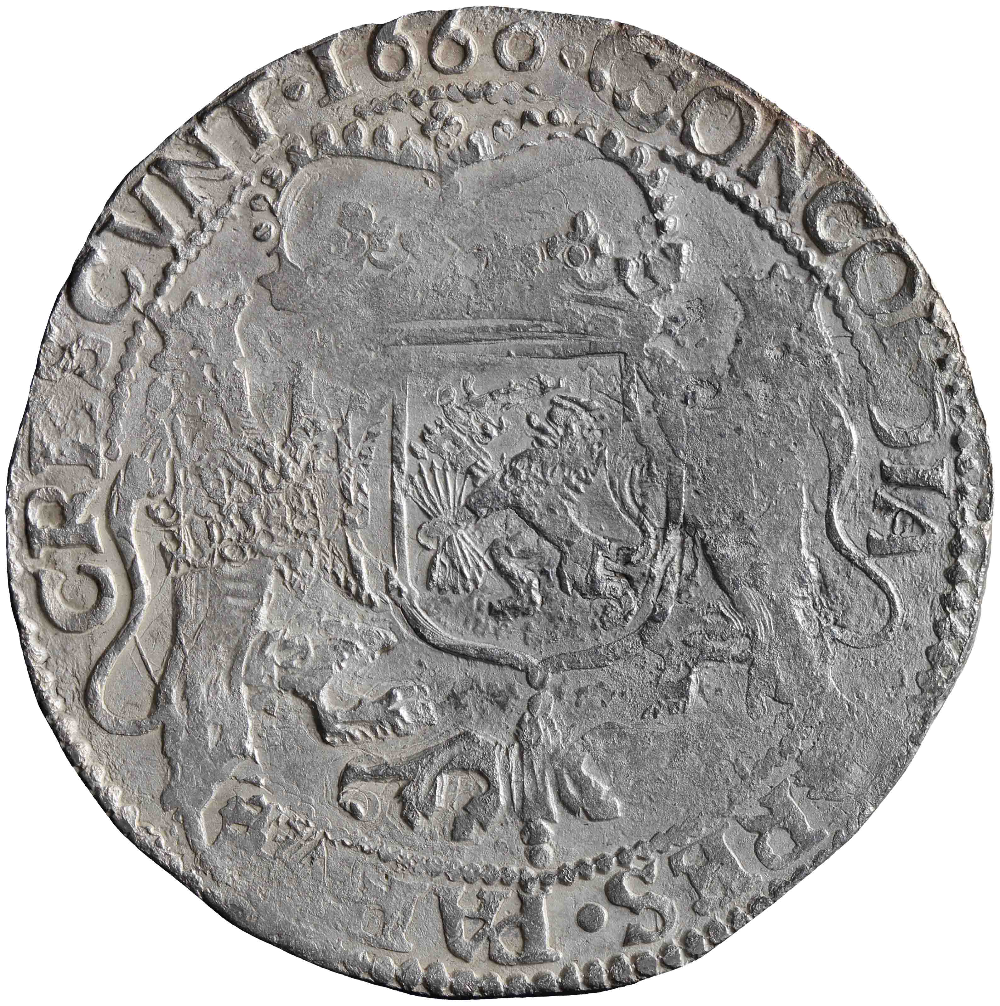 Afbeelding van de keerzijde. zilveren rijder of dukaton. Inventarisnummer:HNM-01533