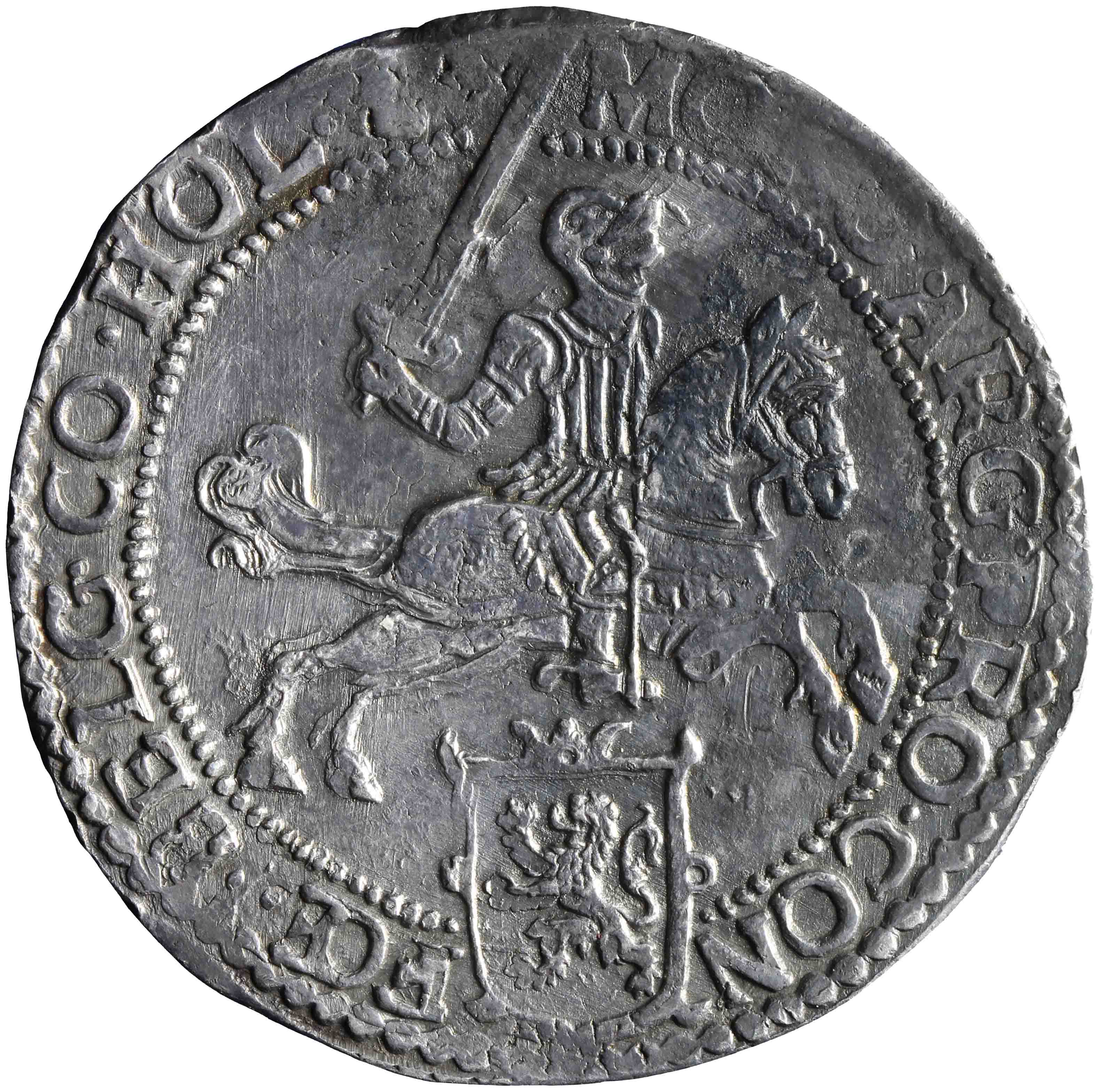 Afbeelding van de voorzijde. zilveren rijder of dukaton. Inventarisnummer:HNM-01534