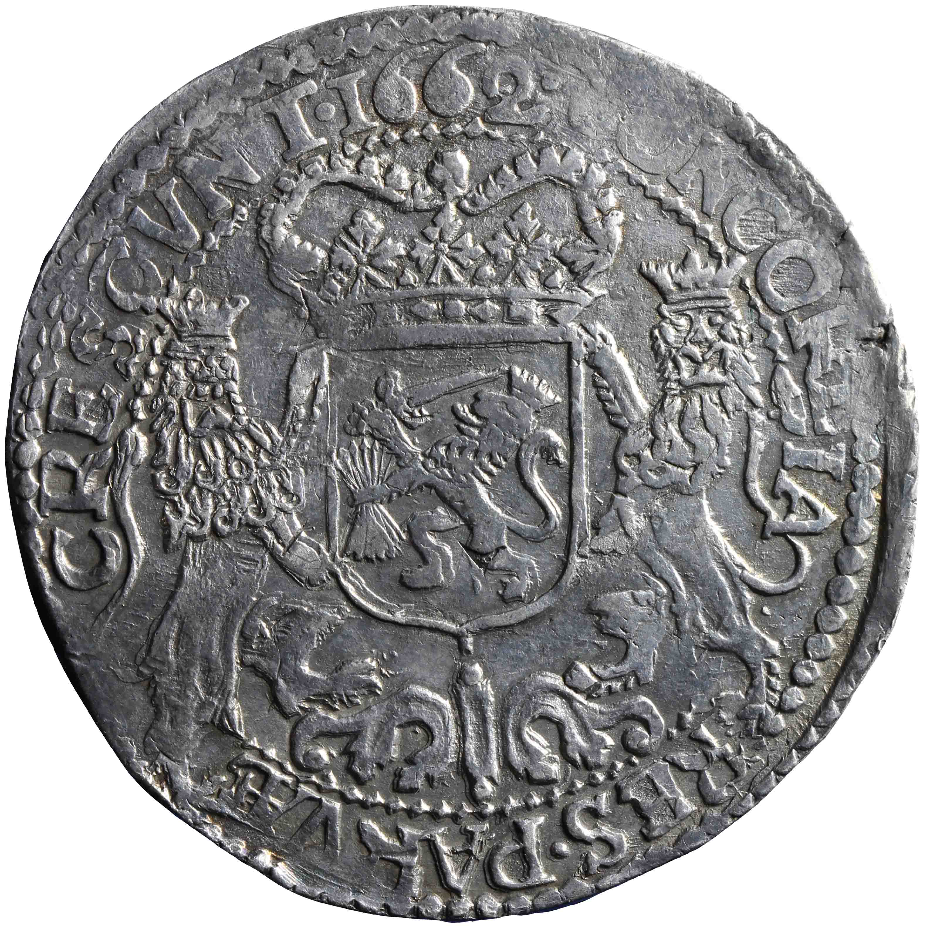 Afbeelding van de keerzijde. zilveren rijder of dukaton. Inventarisnummer:HNM-01534