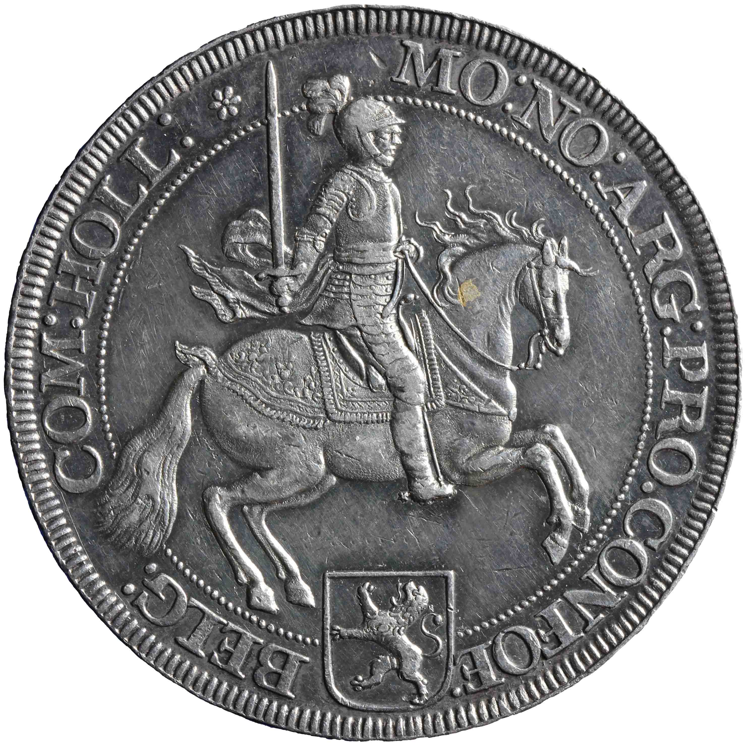 Afbeelding van de voorzijde. zilveren rijder of dukaton. Inventarisnummer:HNM-01536