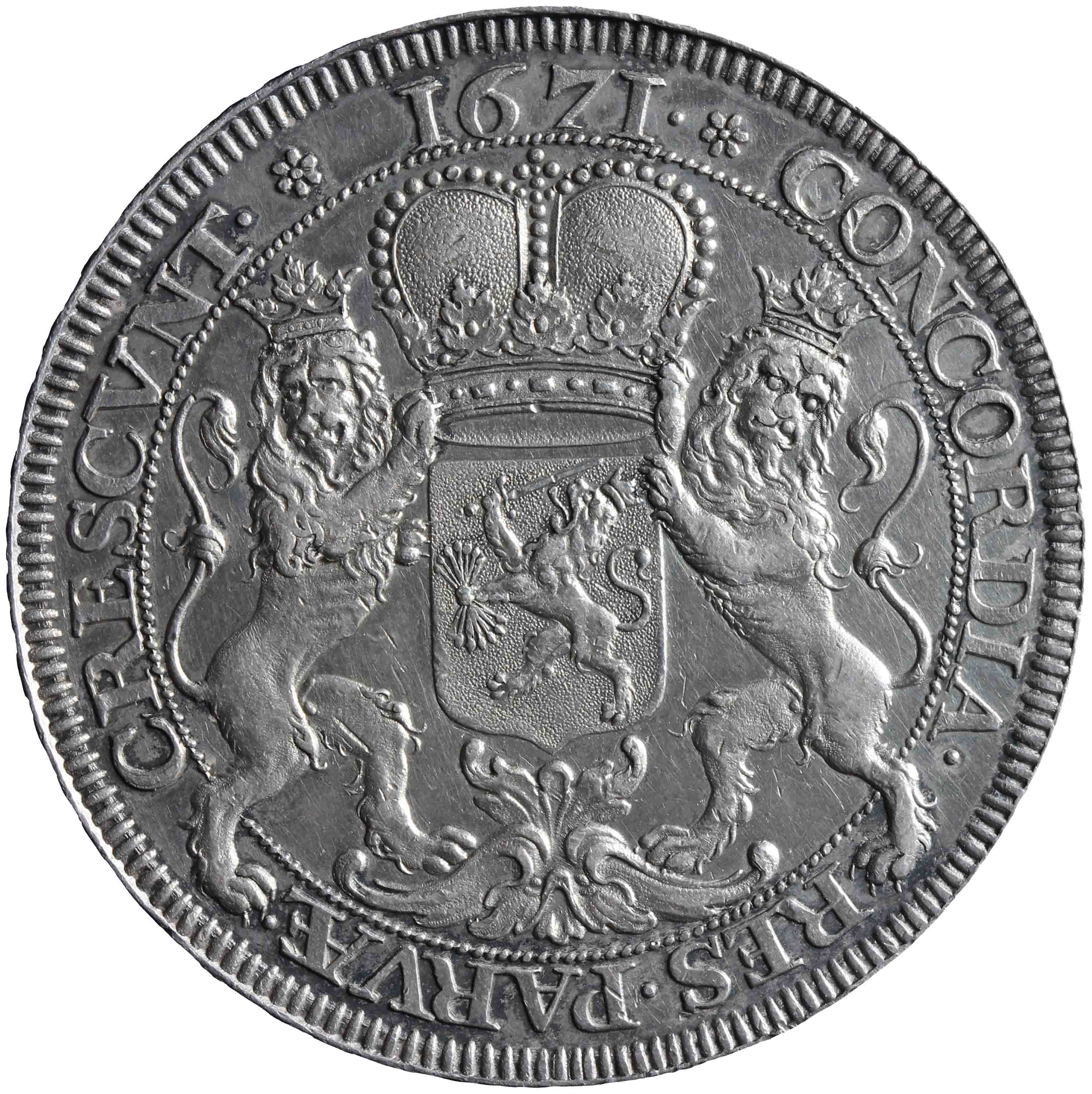 Afbeelding van de keerzijde. zilveren rijder of dukaton. Inventarisnummer:HNM-01536