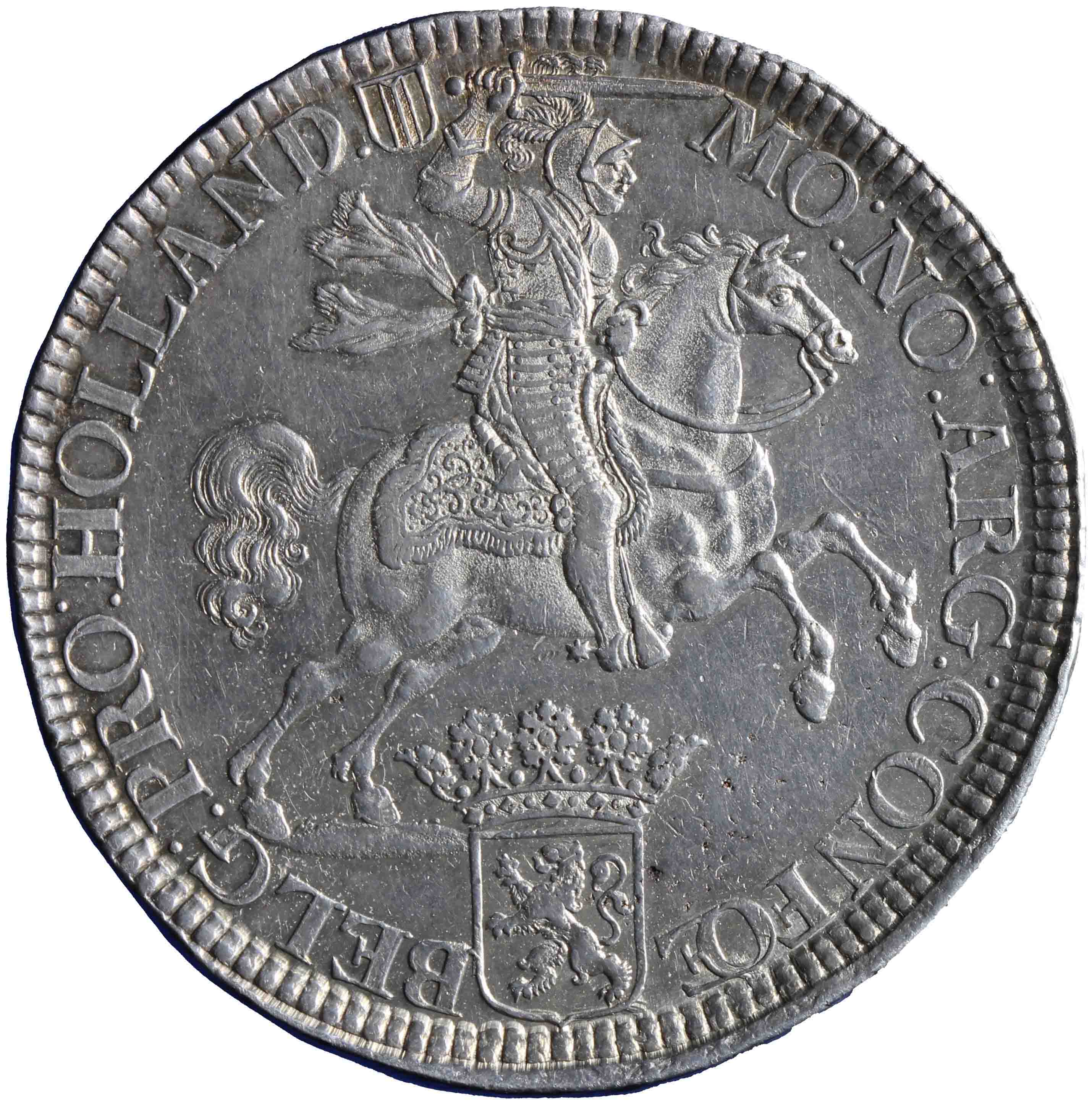 Afbeelding van de voorzijde. zilveren rijder of dukaton. Inventarisnummer:HNM-01538