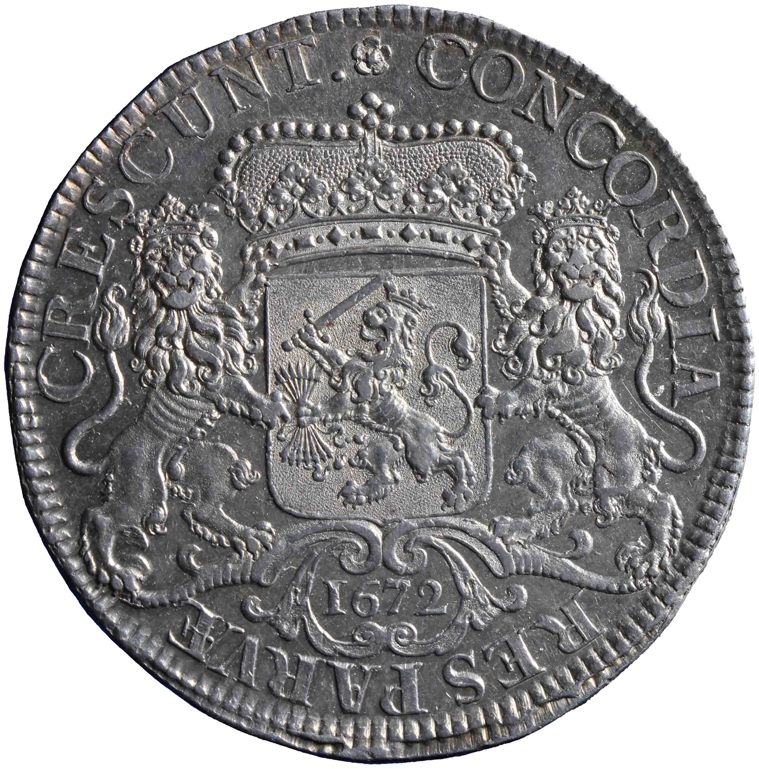 Afbeelding van de keerzijde. zilveren rijder of dukaton. Inventarisnummer:HNM-01538