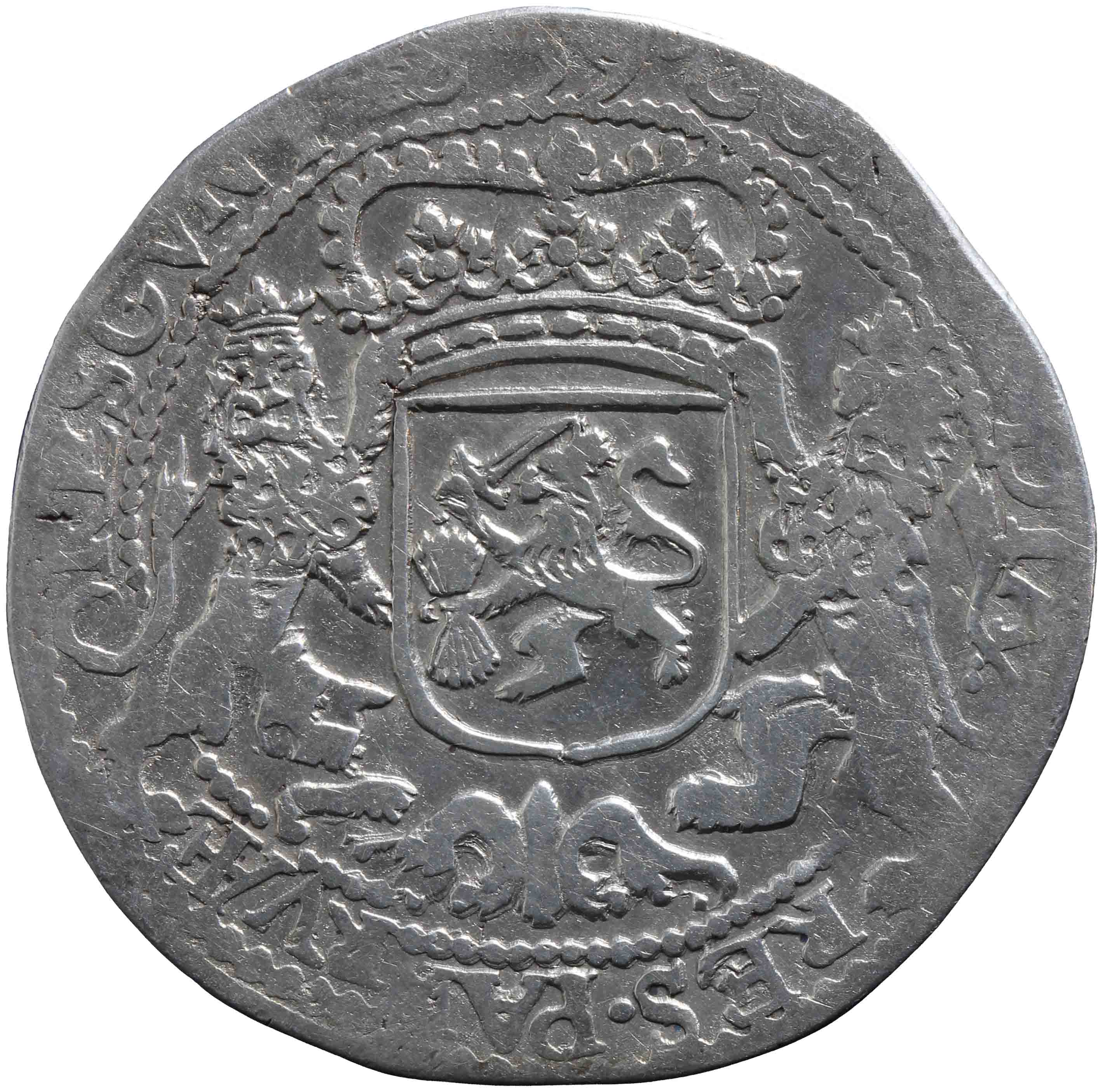 Afbeelding van de keerzijde. halve zilveren rijder of halve dukaton. Inventarisnummer:HNM-01571