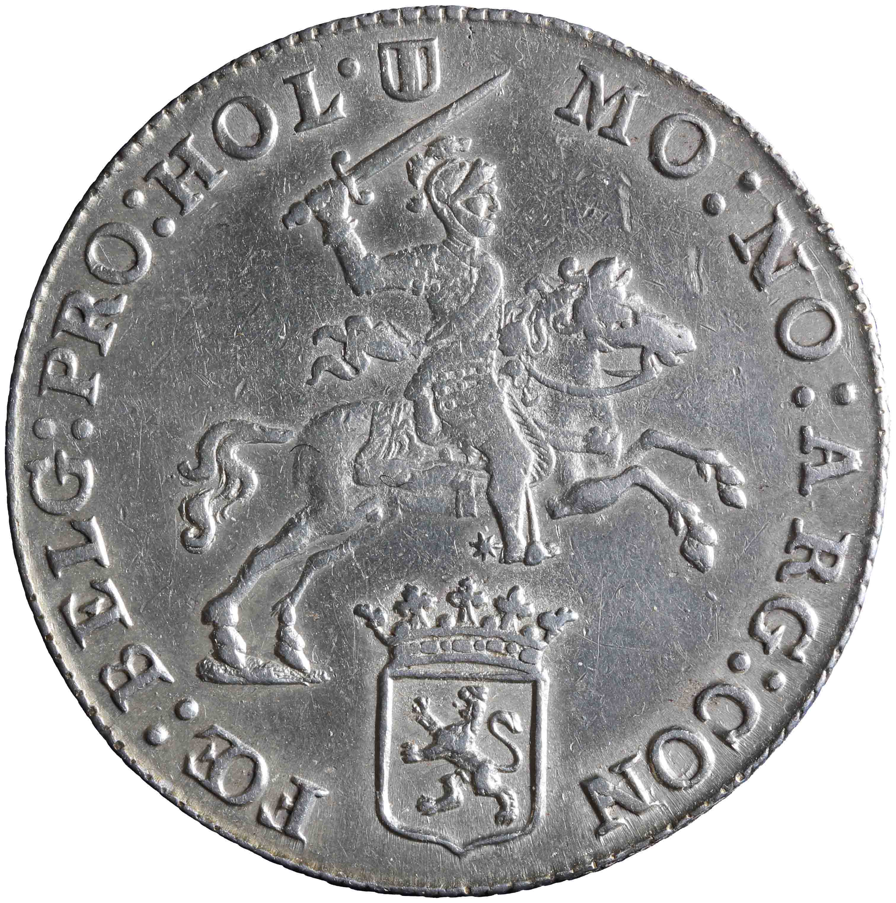Afbeelding van de voorzijde. halve zilveren rijder of halve dukaton. Inventarisnummer:HNM-01575