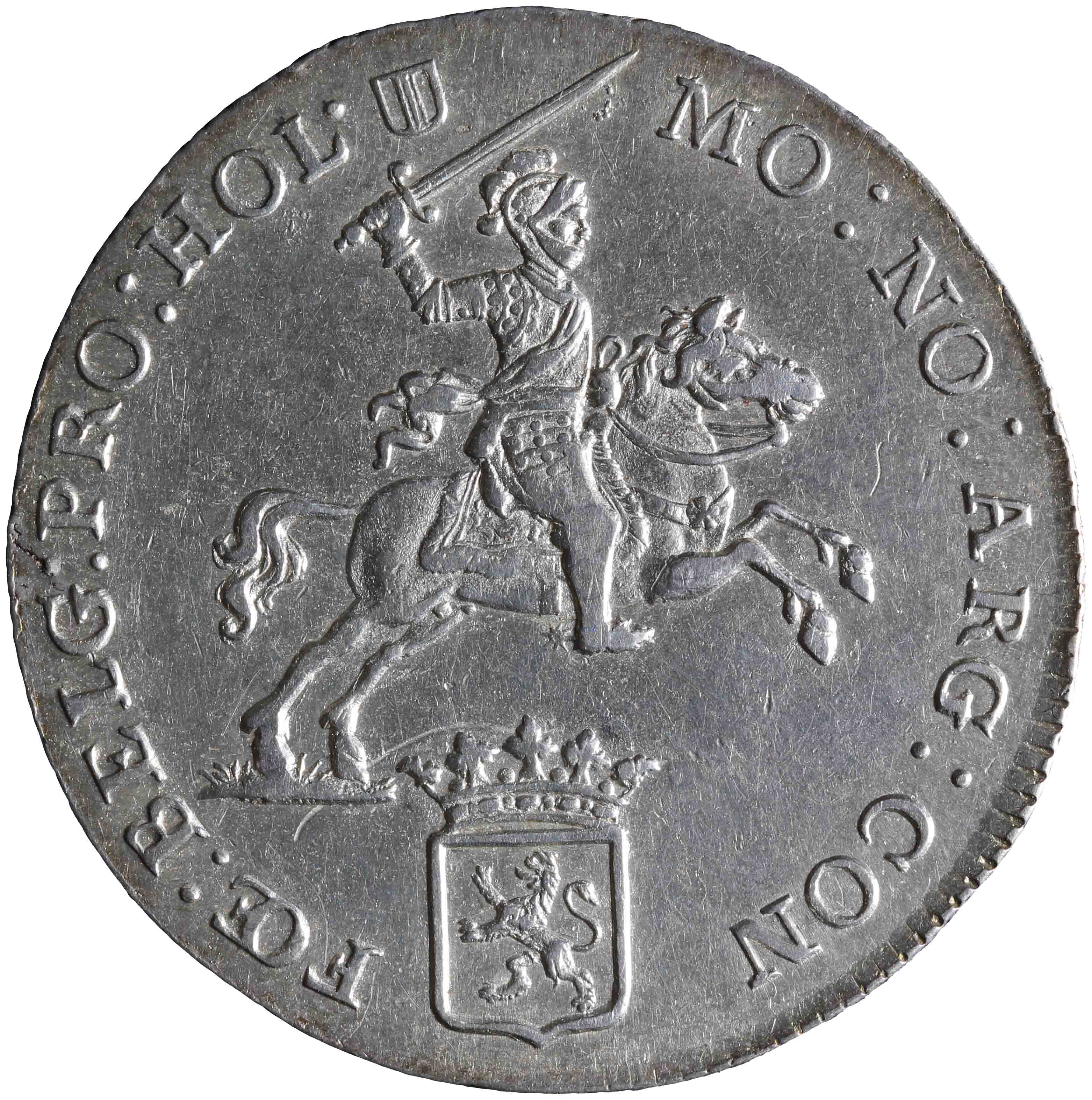 Afbeelding van de voorzijde. halve zilveren rijder of halve dukaton. Inventarisnummer:HNM-01579